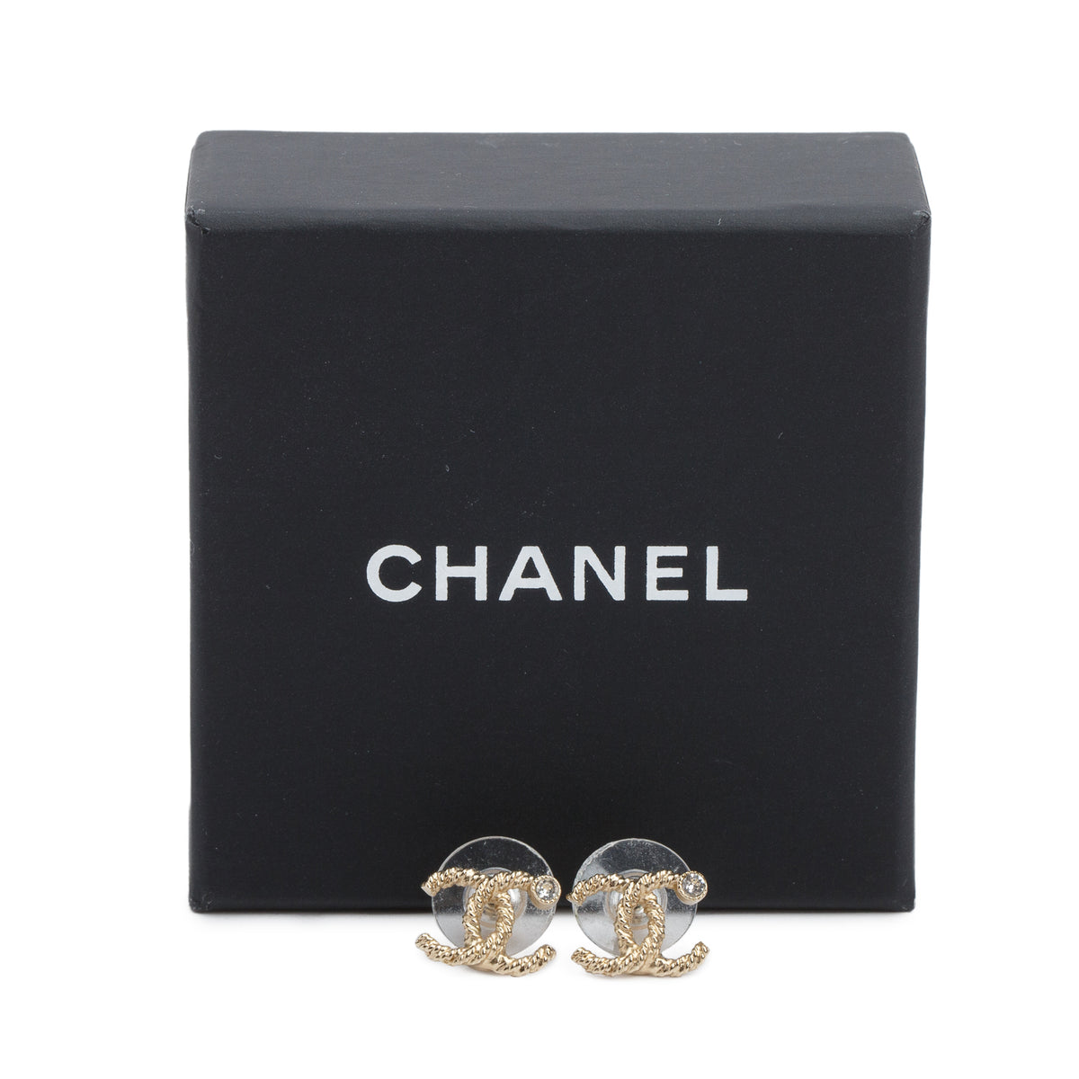 Chanel Gold Plated Strass CC Stud Earrings w/ Box