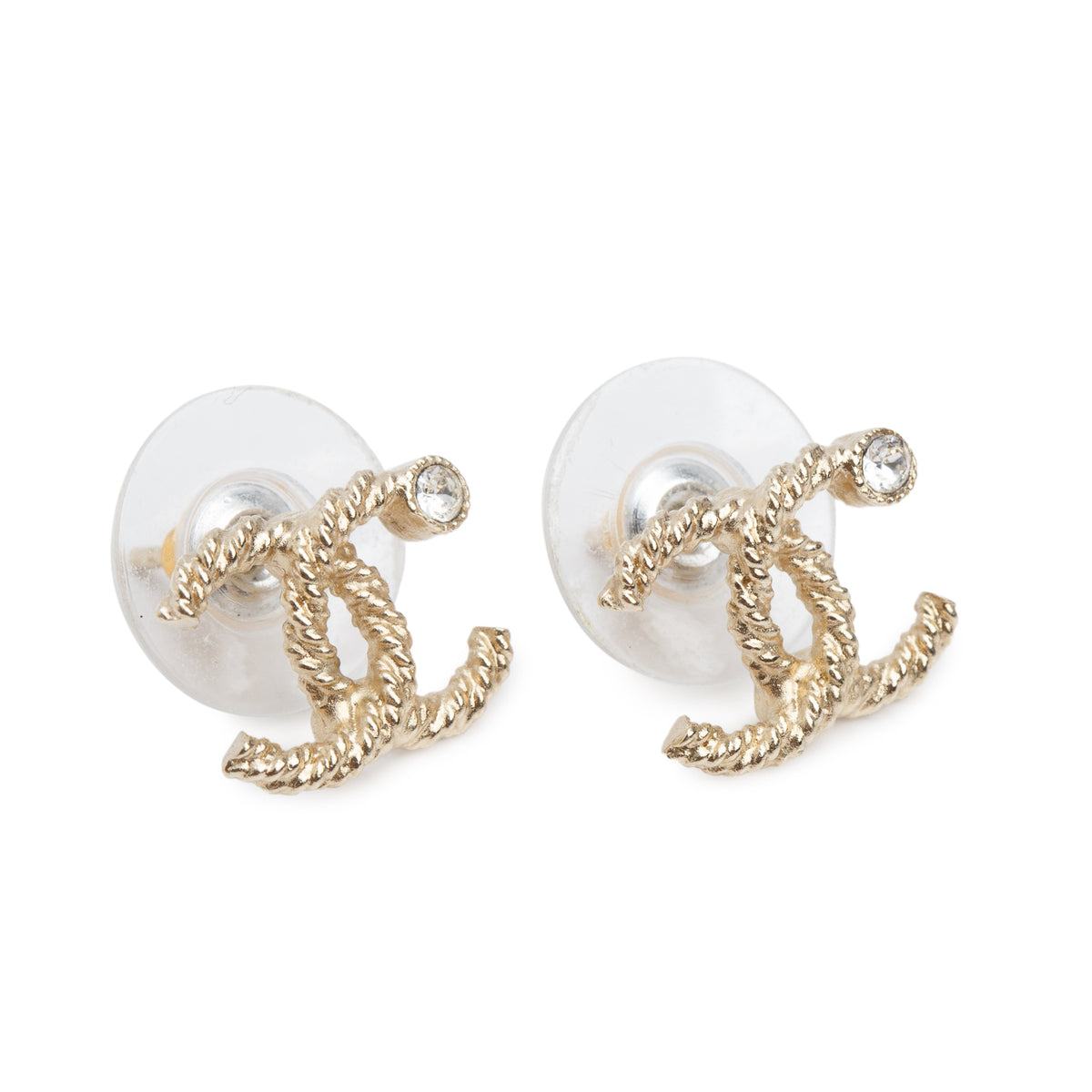 Chanel Gold Plated Strass CC Stud Earrings w/ Box