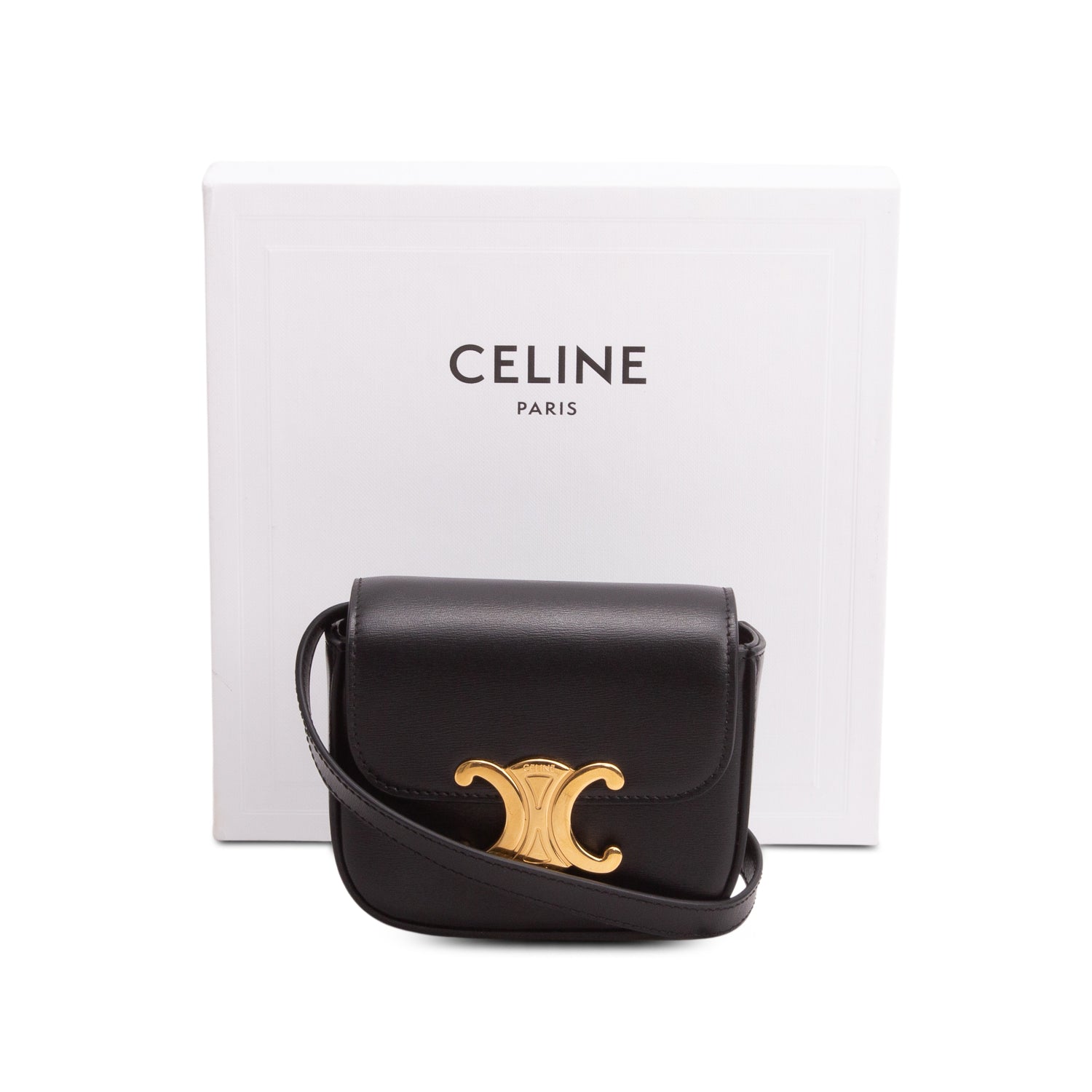 Celine 2022 Black Shiny Calfskin Mini Claude w/ Box & Strap