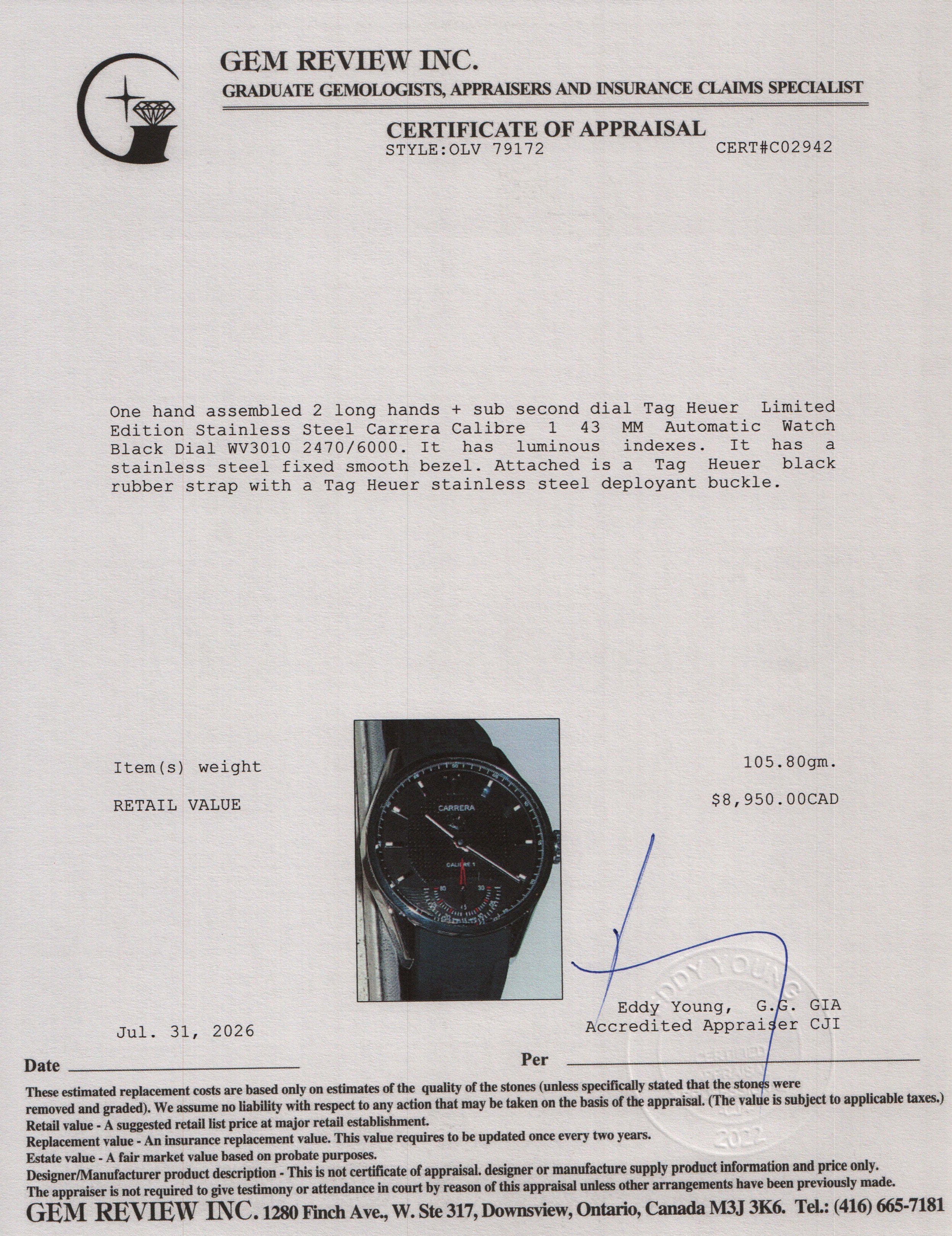 Tag Heuer Limited Edition Stainless Steel Carrera Calibre 1 43 MM Automatic Watch Black Dial WV3010 w/ Box & Extra Strap