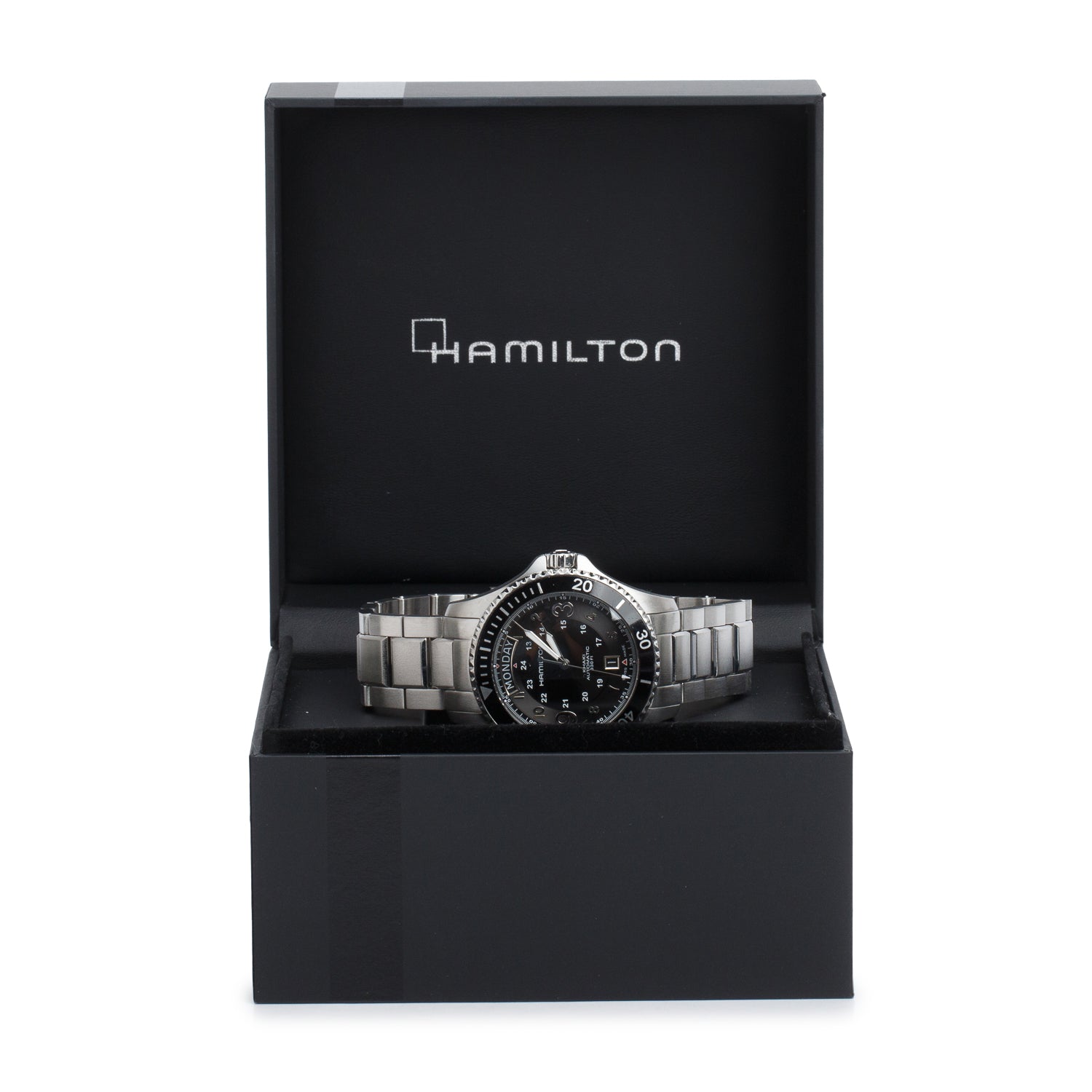 Hamilton Stainless Steel Day-Date Khaki Navy Scuba 40 MM Automatic Watch Black Dial H645150 w/ Box & Papers