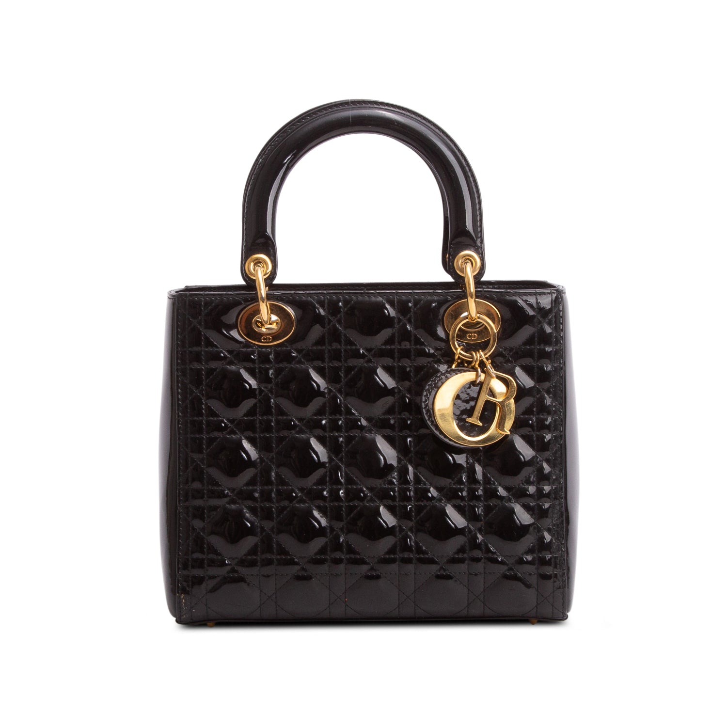 Christian Dior Black Cannage Patent Leather Medium Lady Dior Bag w/ Strap & Authenticity Card