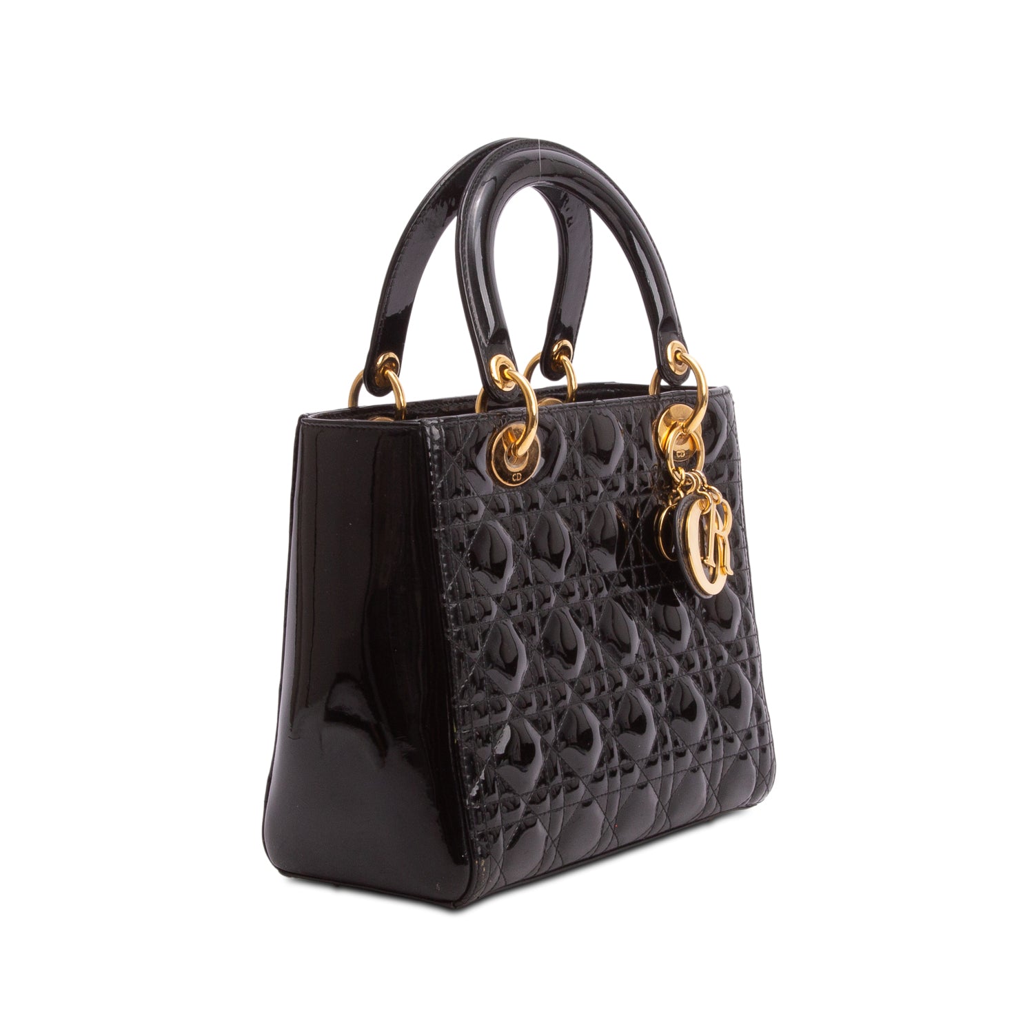 Christian Dior Black Cannage Patent Leather Medium Lady Dior Bag w/ Strap & Authenticity Card