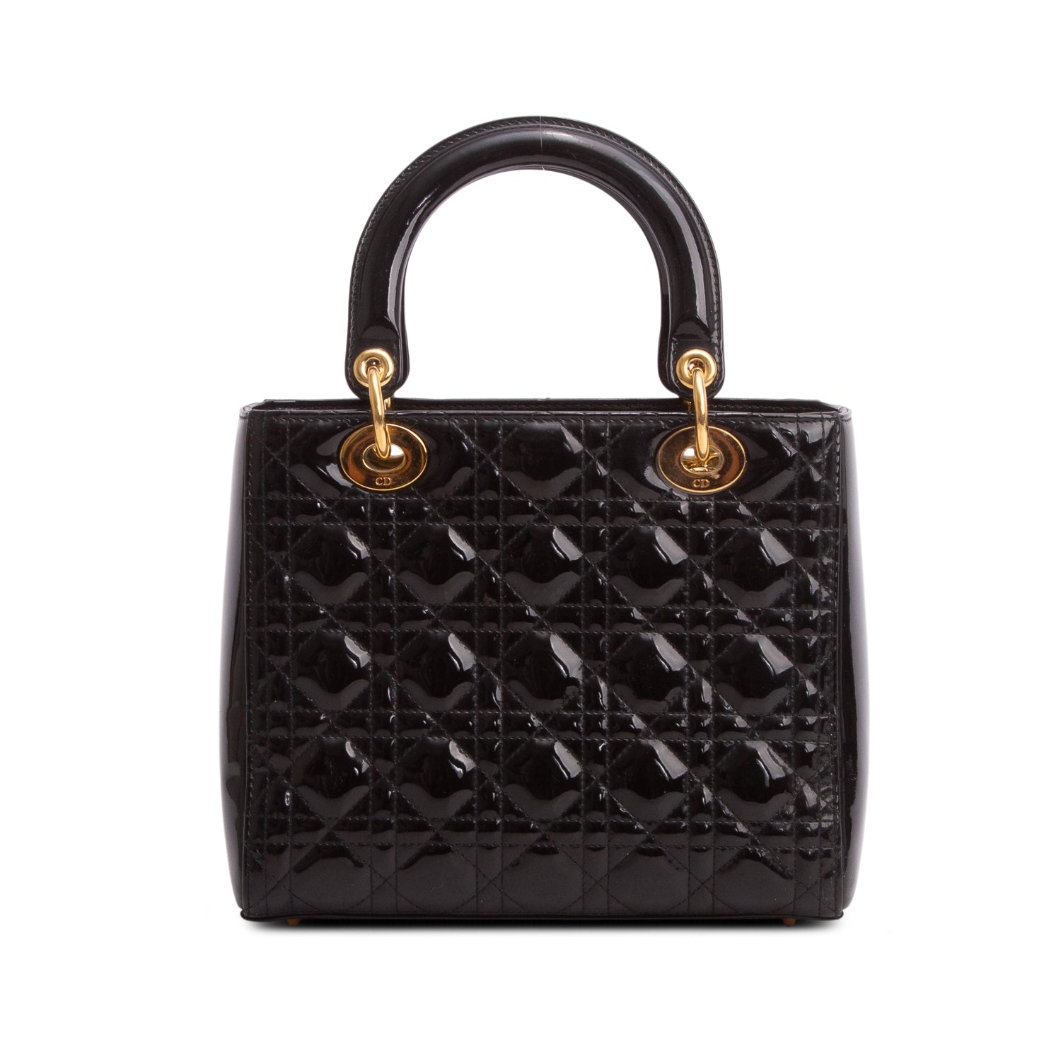 Christian Dior Black Cannage Patent Leather Medium Lady Dior Bag w/ Strap & Authenticity Card