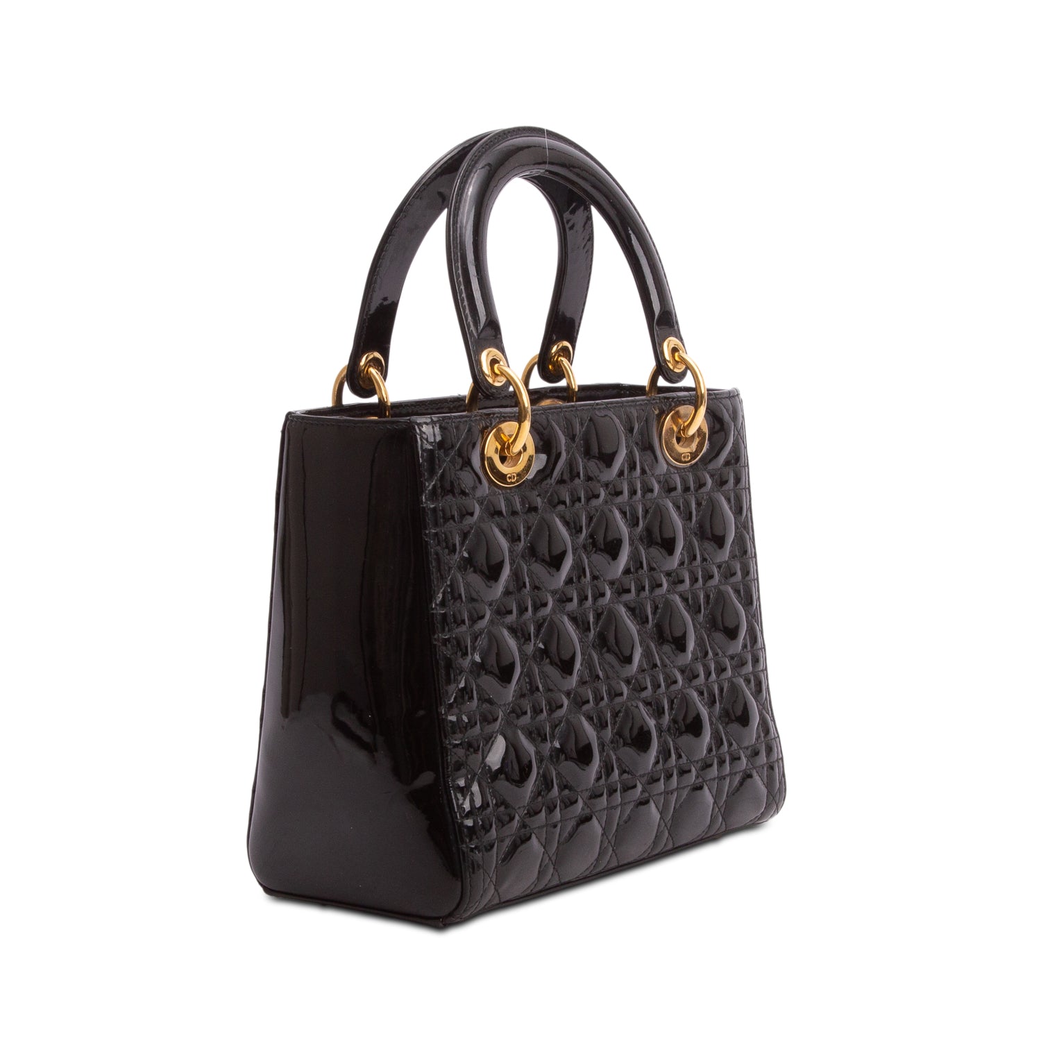 Christian Dior Black Cannage Patent Leather Medium Lady Dior Bag w/ Strap & Authenticity Card