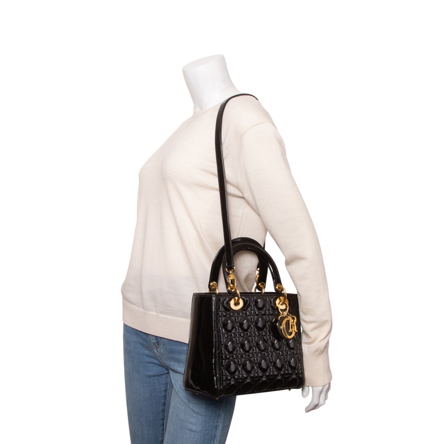 Christian Dior Black Cannage Patent Leather Medium Lady Dior Bag w/ Strap & Authenticity Card