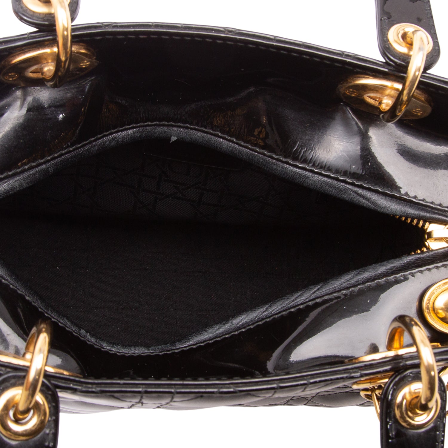 Christian Dior Black Cannage Patent Leather Medium Lady Dior Bag w/ Strap & Authenticity Card