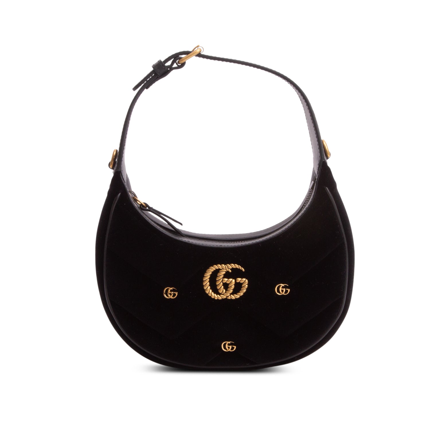 Gucci Black Velvet Matelasse Chevron Mini Torchon GG Marmont Half Moon Hobo w/ Box & Strap
