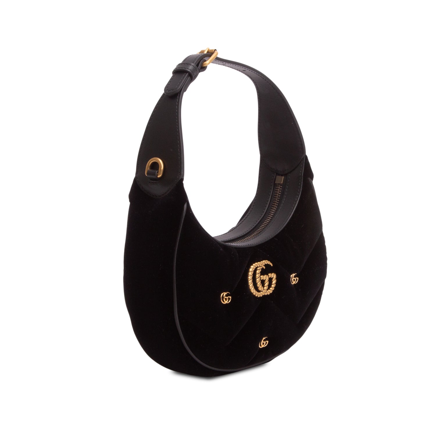 Gucci Black Velvet Matelasse Chevron Mini Torchon GG Marmont Half Moon Hobo w/ Box & Strap