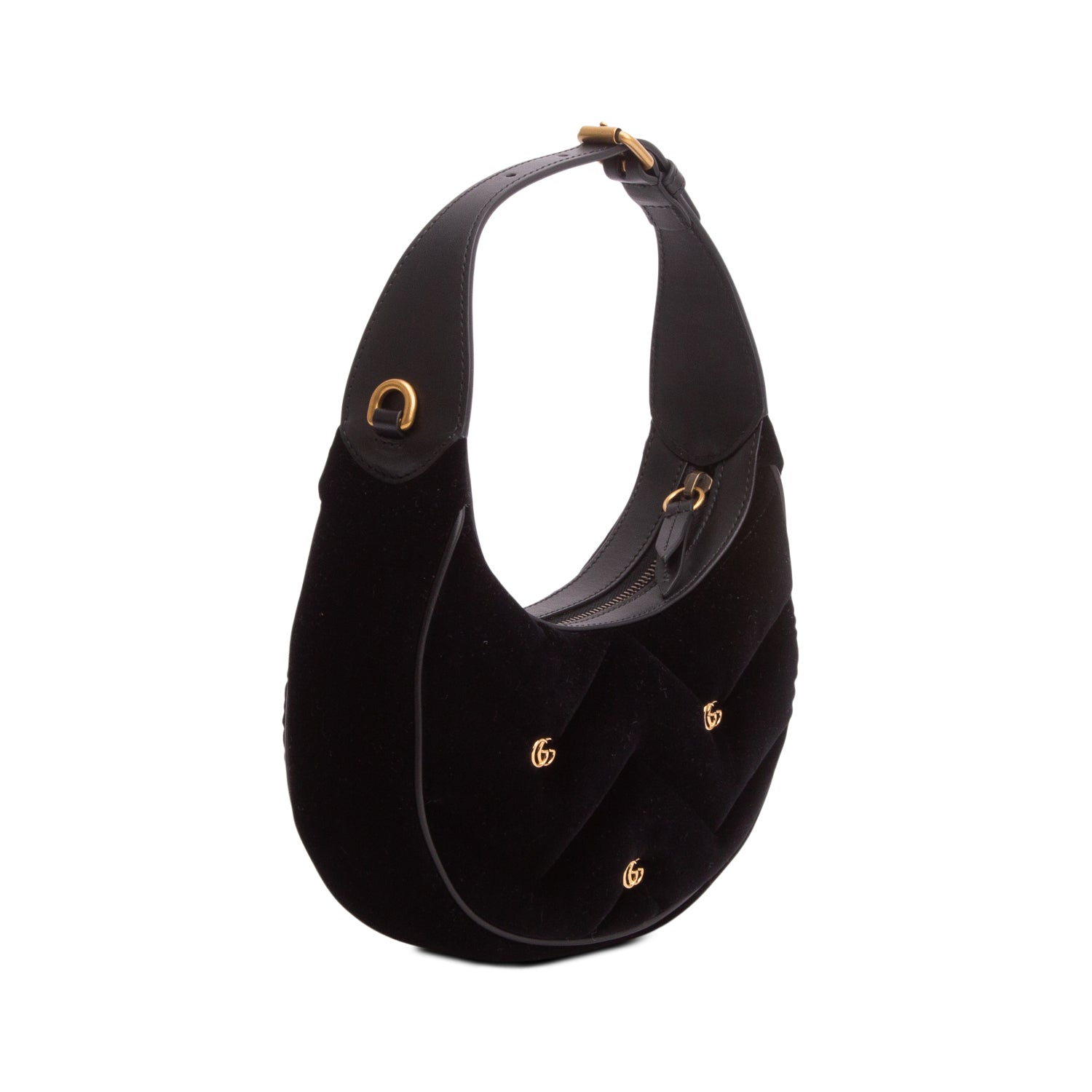 Gucci Black Velvet Matelasse Chevron Mini Torchon GG Marmont Half Moon Hobo w/ Box & Strap
