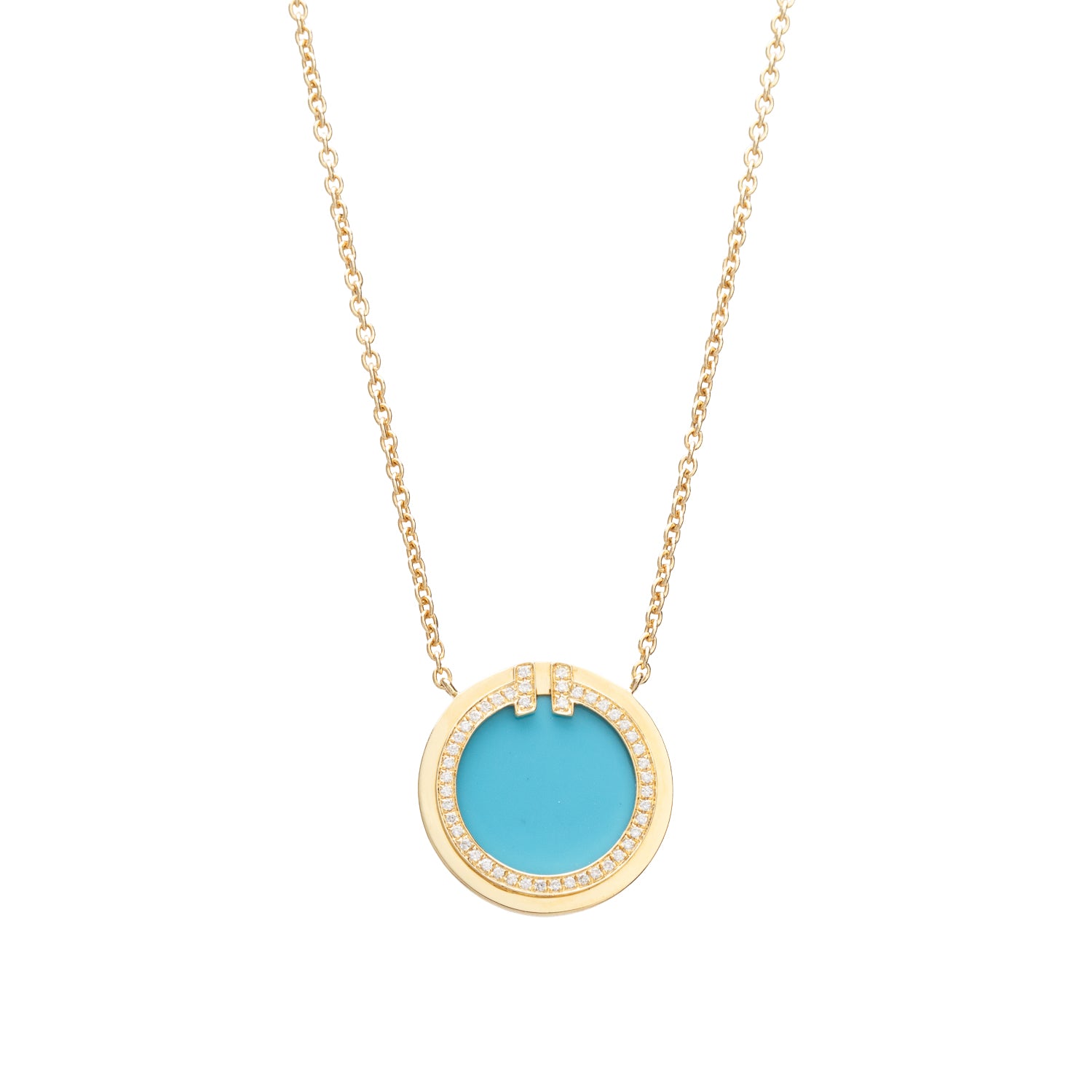 Tiffany & Co. 18k Yellow Gold Diamond & Turquoise 16 MM T Circle Pendant Necklace w/ Box