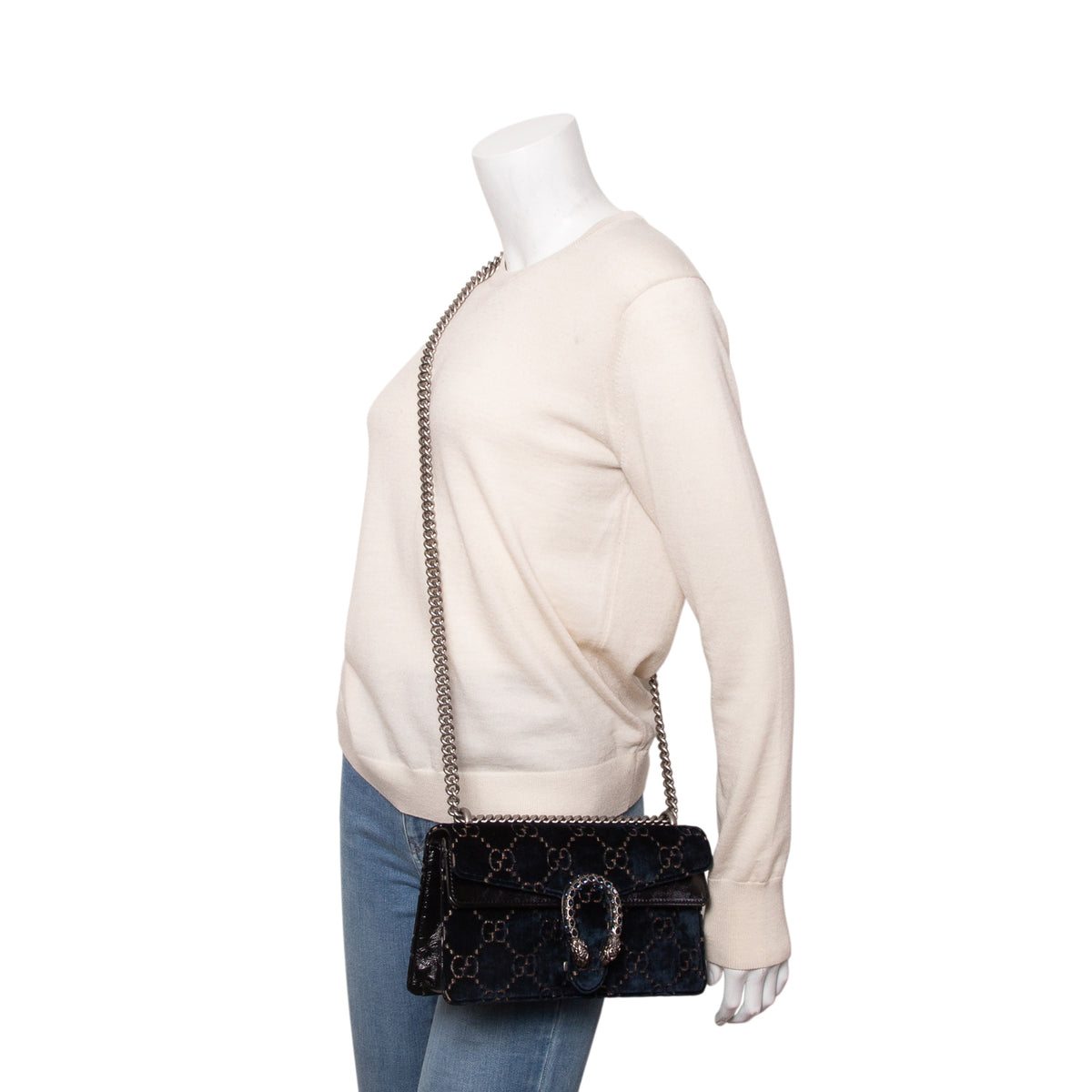 Gucci Blue Velvet Moon Calfskin Crystal GG Monogram Small Dionysus Shoulder Bag w/ Box