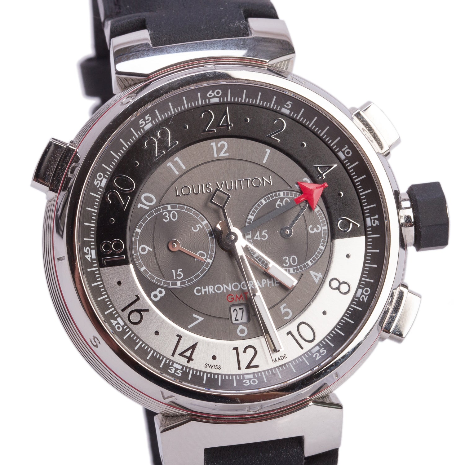 Louis Vuitton Stainless Steel Tambour Graphite 44 MM Automatic Chronograph GMT Watch Grey Dial Q1A40