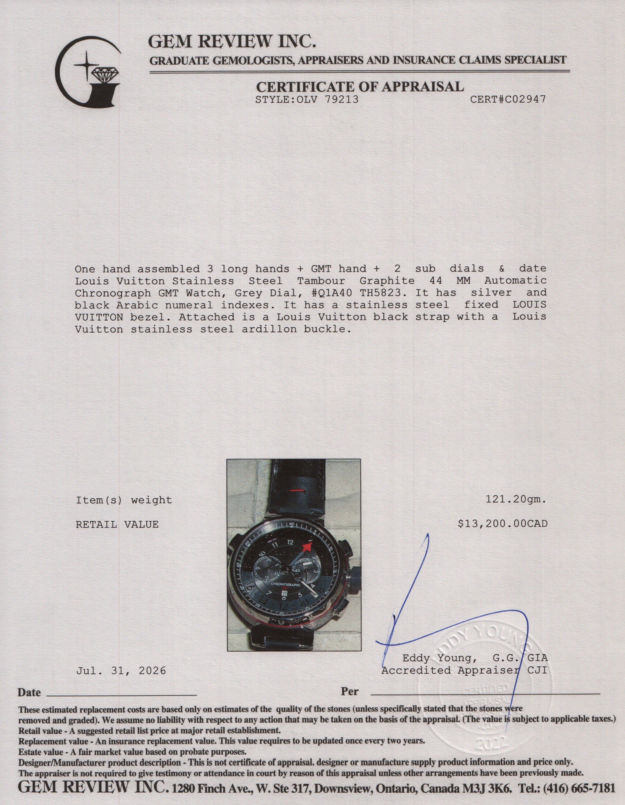 Louis Vuitton Stainless Steel Tambour Graphite 44 MM Automatic Chronograph GMT Watch Grey Dial Q1A40