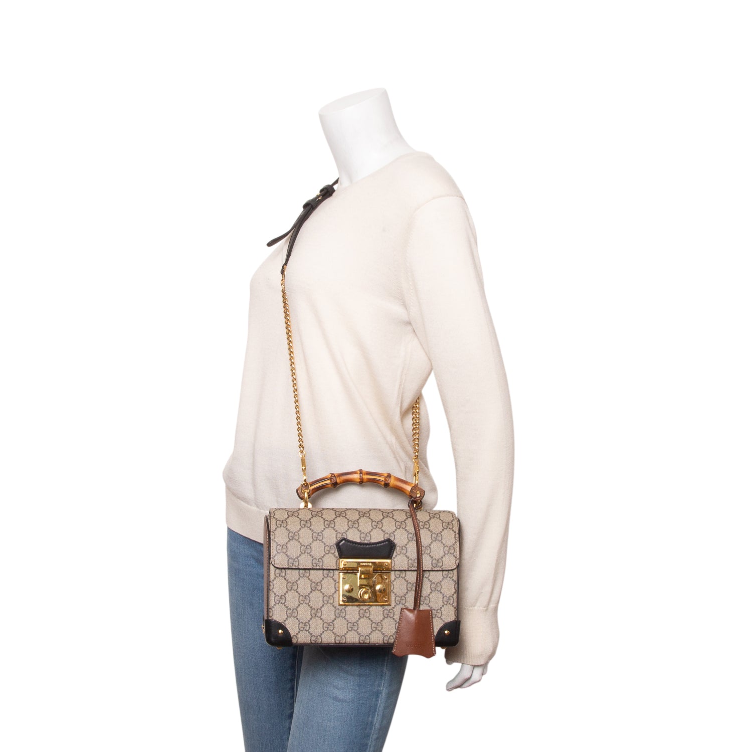 Gucci GG Supreme Monogram Small Padlock Bamboo Shoulder Bag w/ Strap