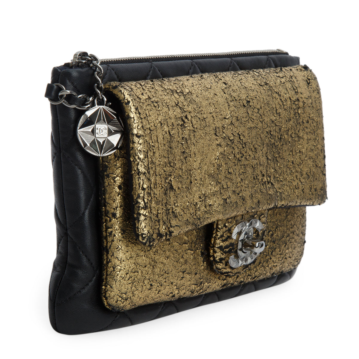 Chanel Metallic Gold/Black Lambskin Quilted Mineral Nights Flap w/ Authenticity Card
