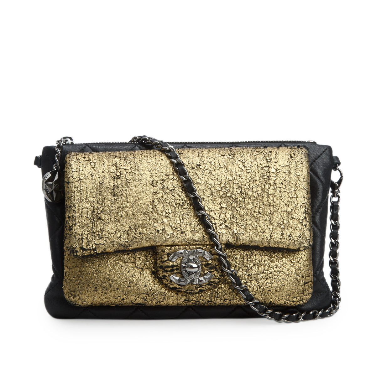 Chanel Metallic Gold/Black Lambskin Quilted Mineral Nights Flap w/ Authenticity Card