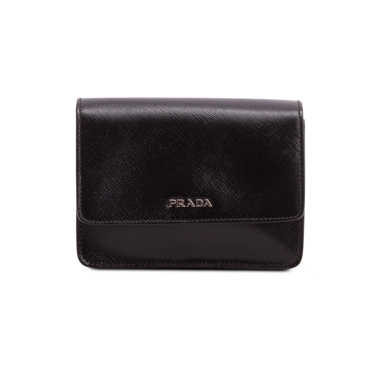 Prada Black Saffiano Vernice Metal Flap Wallet w/ Authenticity Card