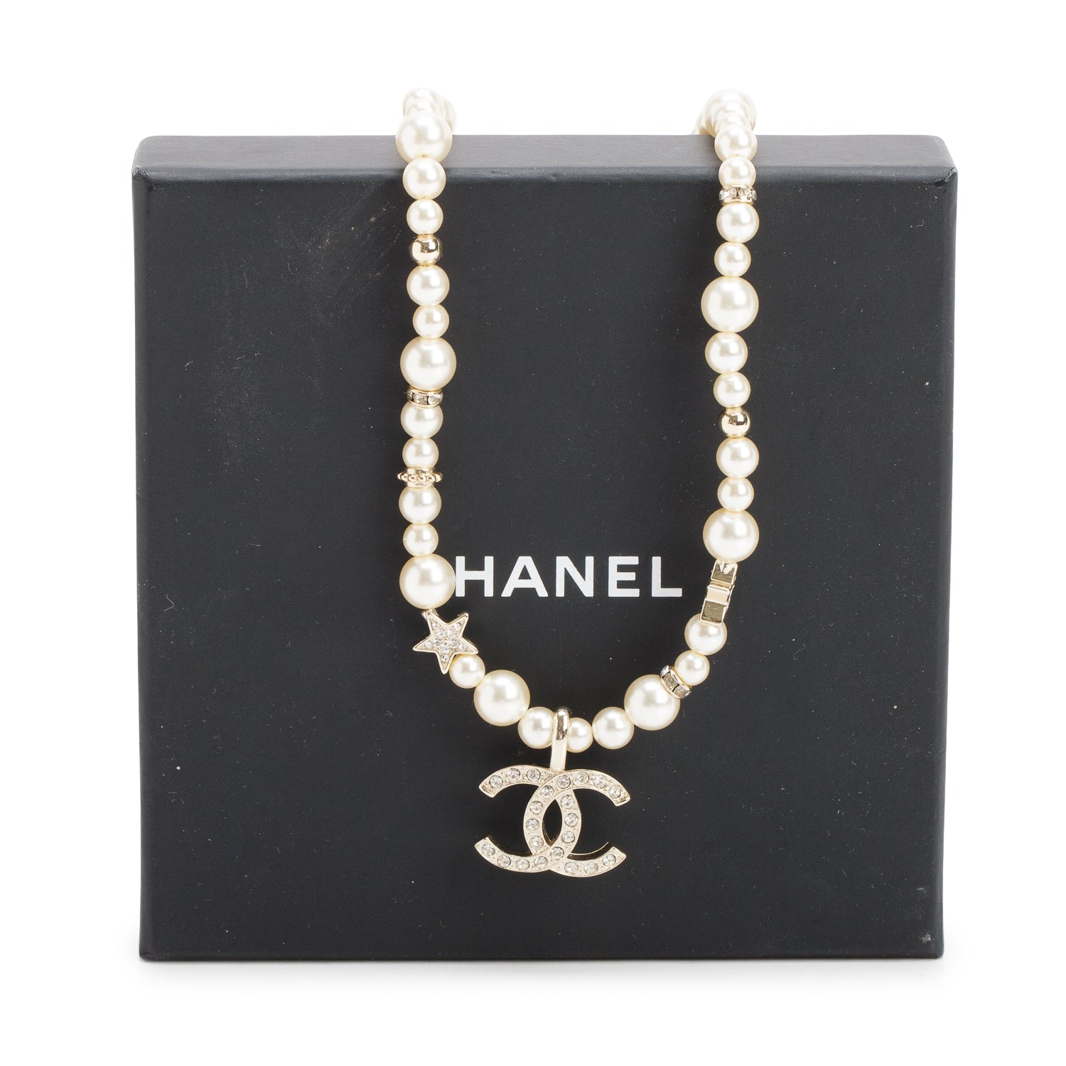 Chanel Faux Pearl Crystal CC Star Choker Necklace w/ Box