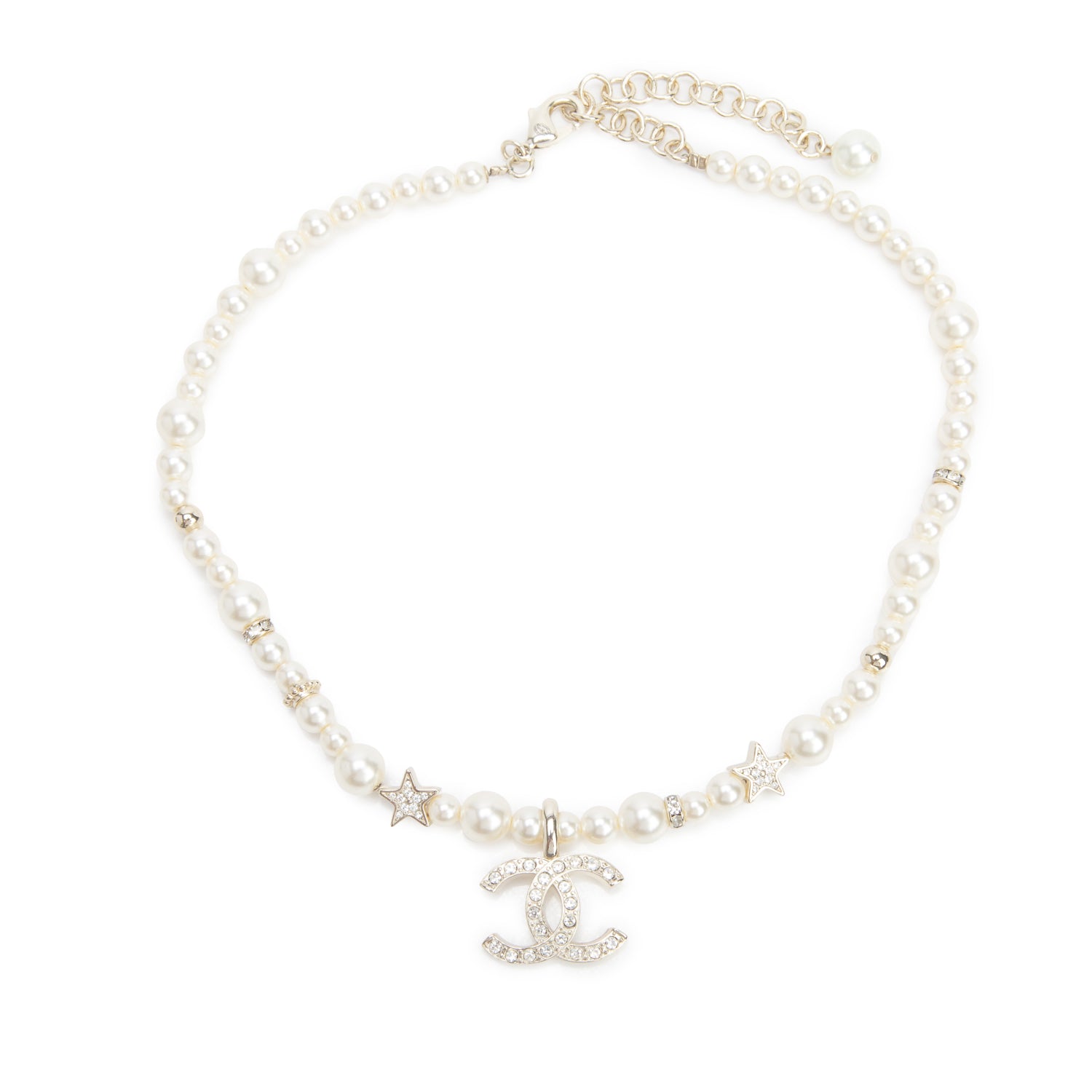 Chanel Faux Pearl Crystal CC Star Choker Necklace w/ Box