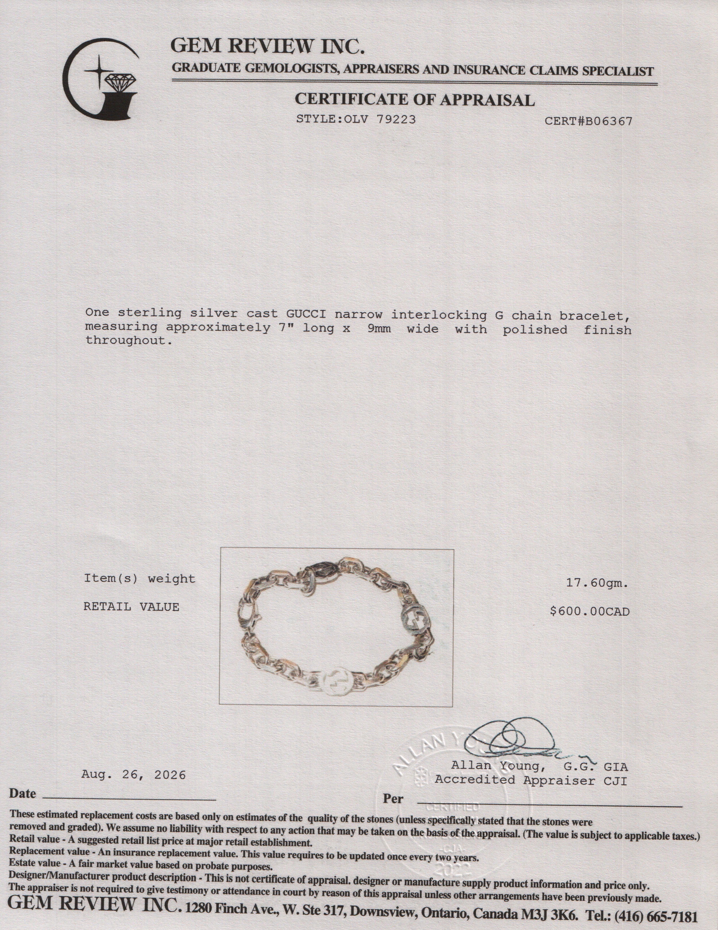 Gucci Sterling Silver Narrow Interlocking G Chain Bracelet