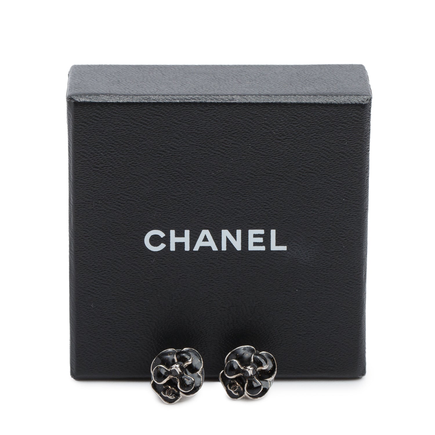 Chanel Black Enamel CC Camellia Earrings w/ Box