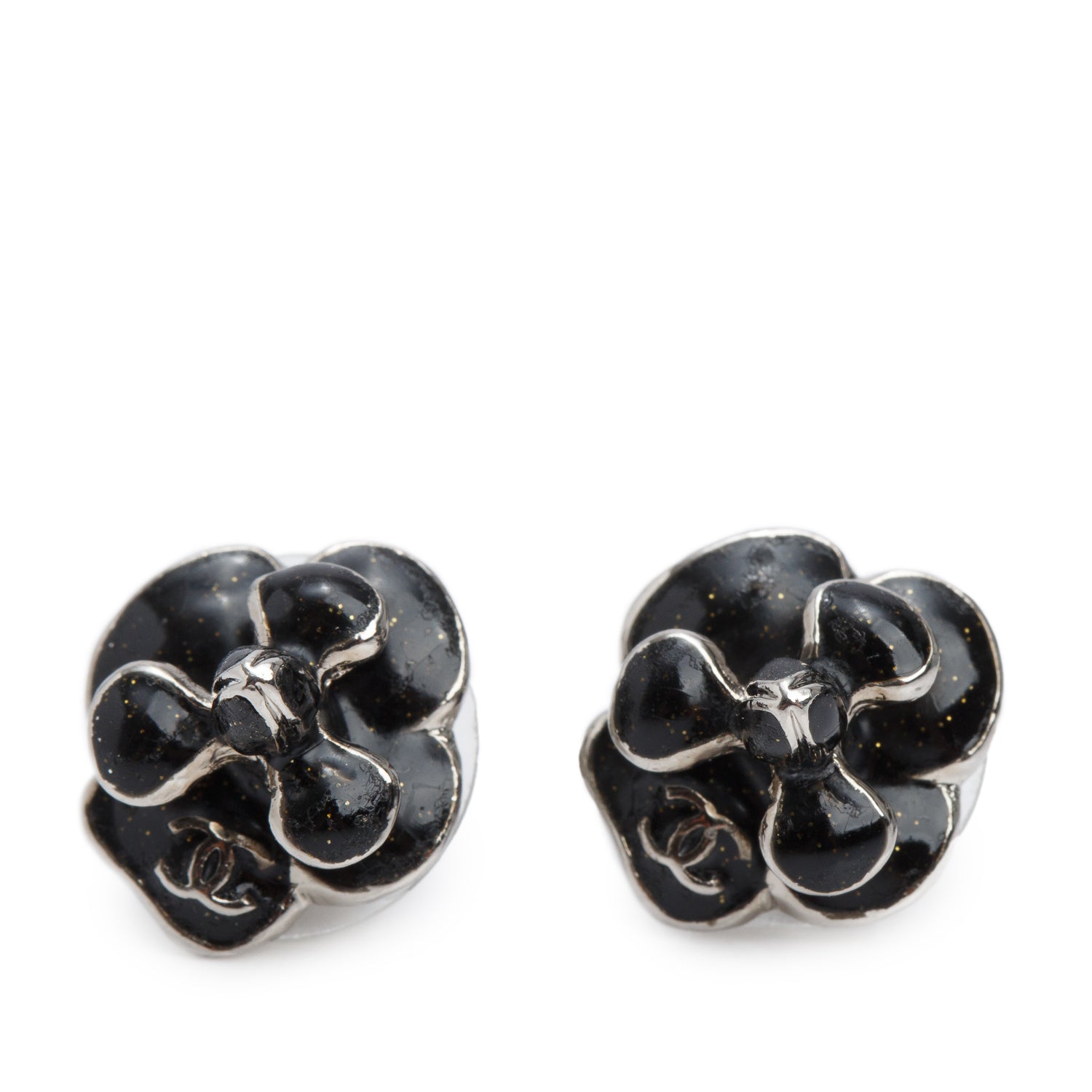 Chanel Black Enamel CC Camellia Earrings w/ Box