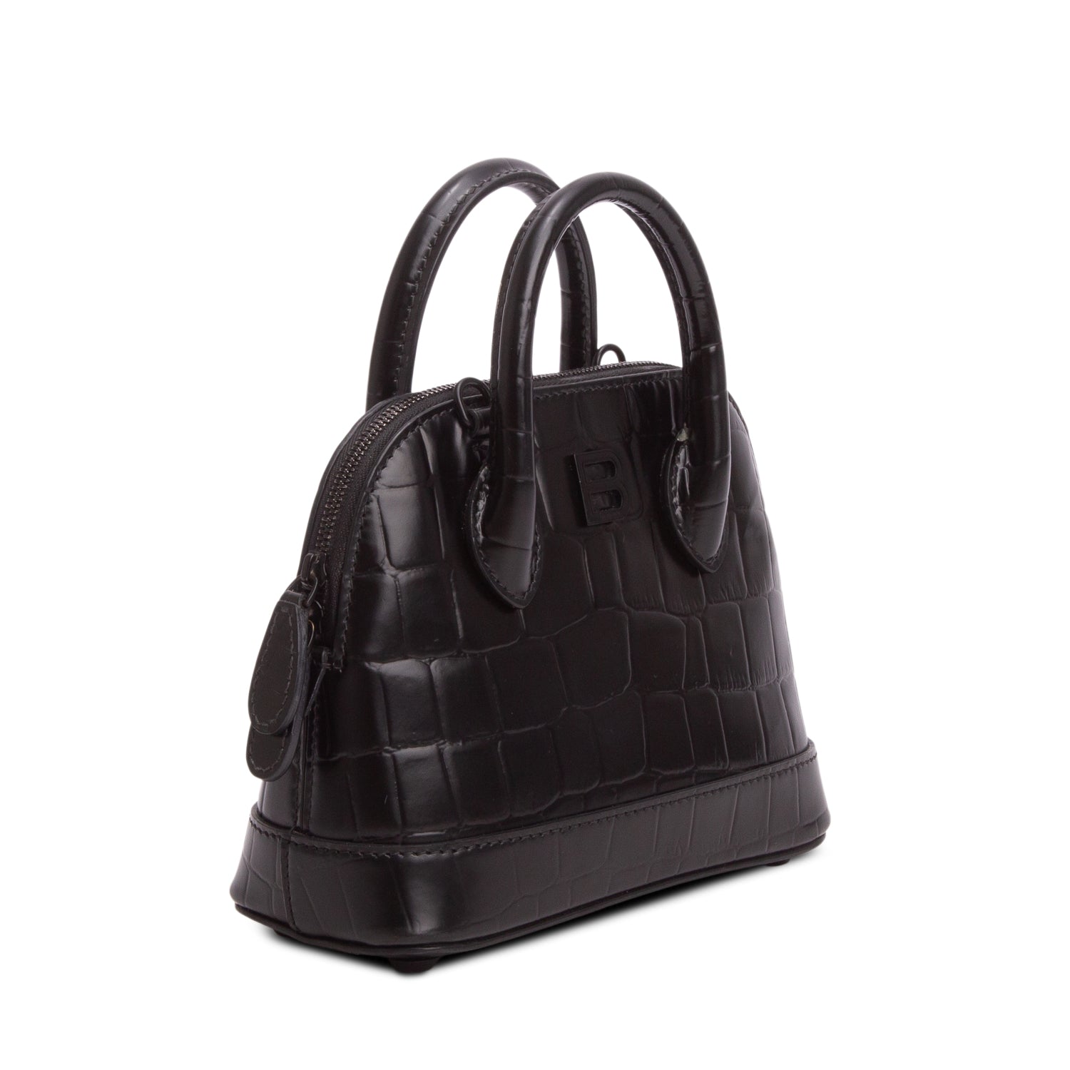 Balenciaga Black Croc Embossed Calfskin Leather XXS Ville Rivet Top Handle Bag w/ Strap