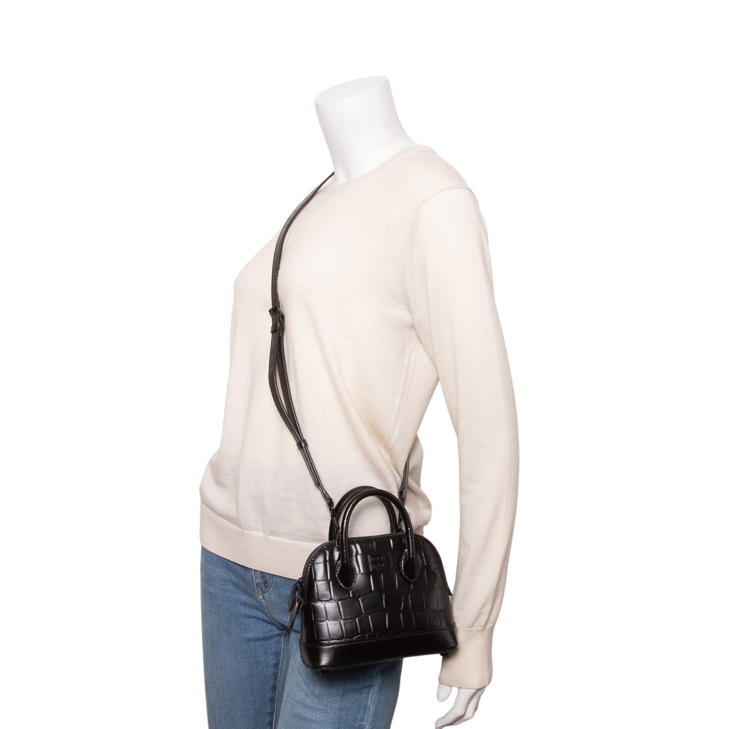 Balenciaga Black Croc Embossed Calfskin Leather XXS Ville Rivet Top Handle Bag w/ Strap