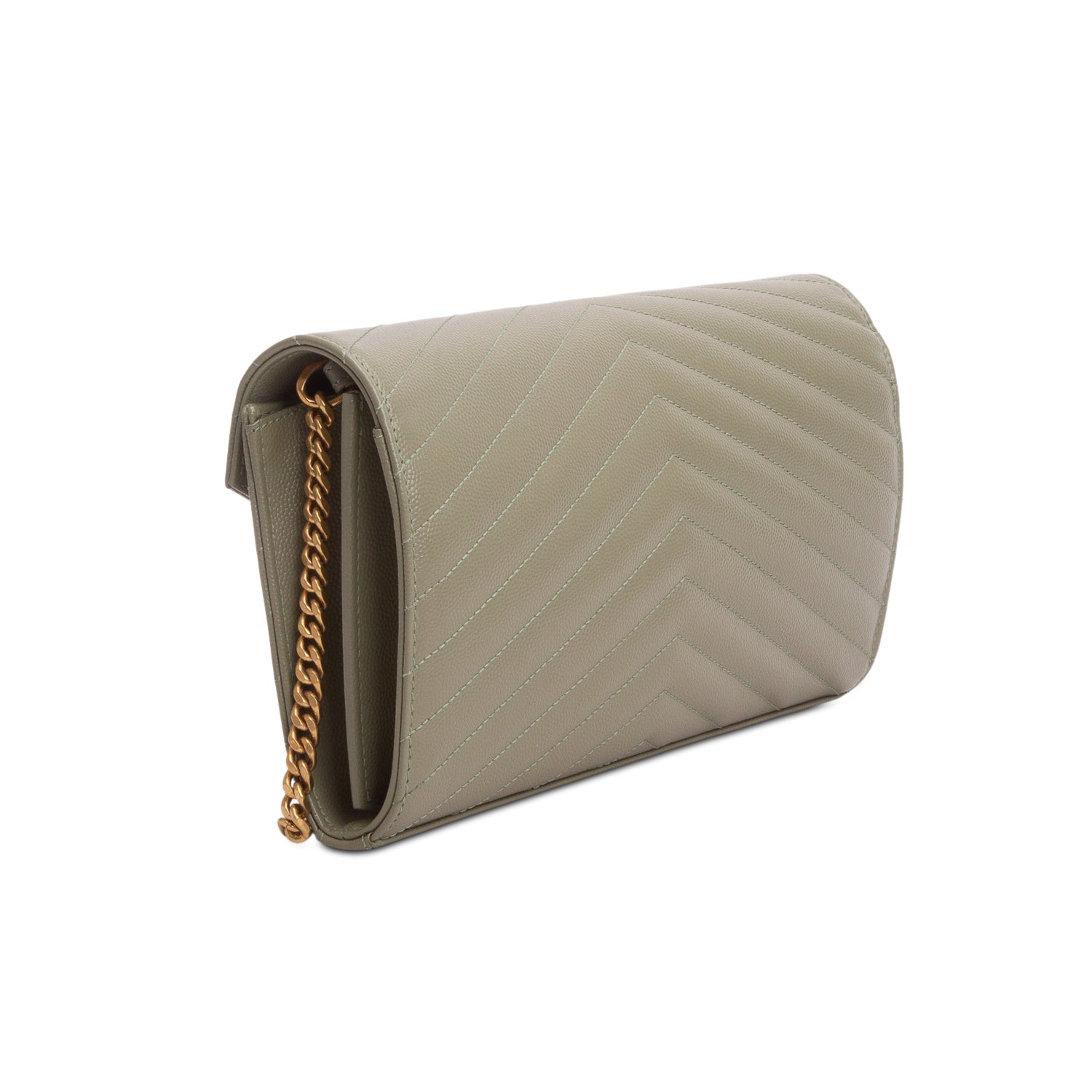 Saint Laurent 2022 Green Grain De Poudre Chevron Cassandre Envelope Chain Wallet