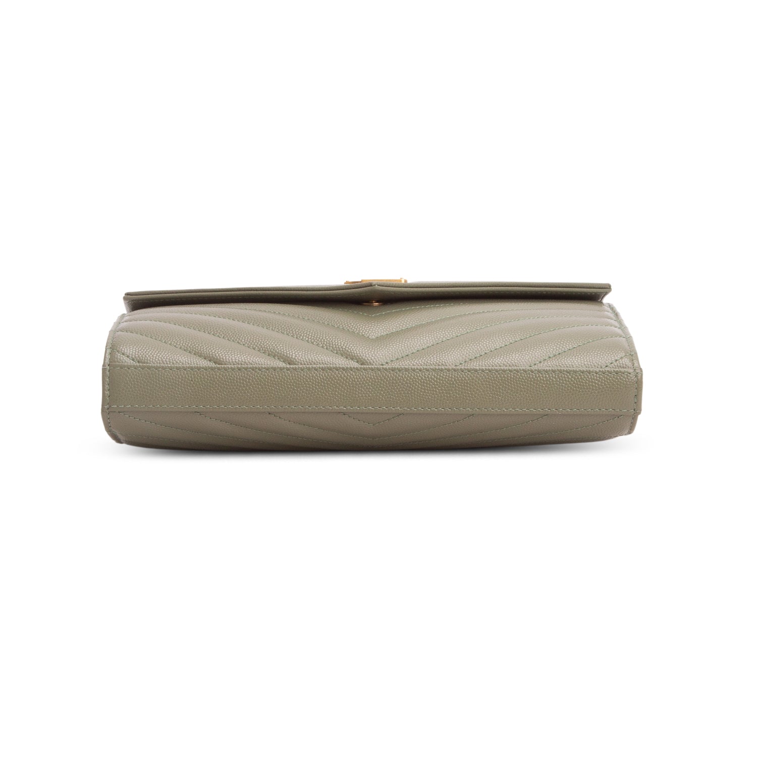 Saint Laurent 2022 Green Grain De Poudre Chevron Cassandre Envelope Chain Wallet