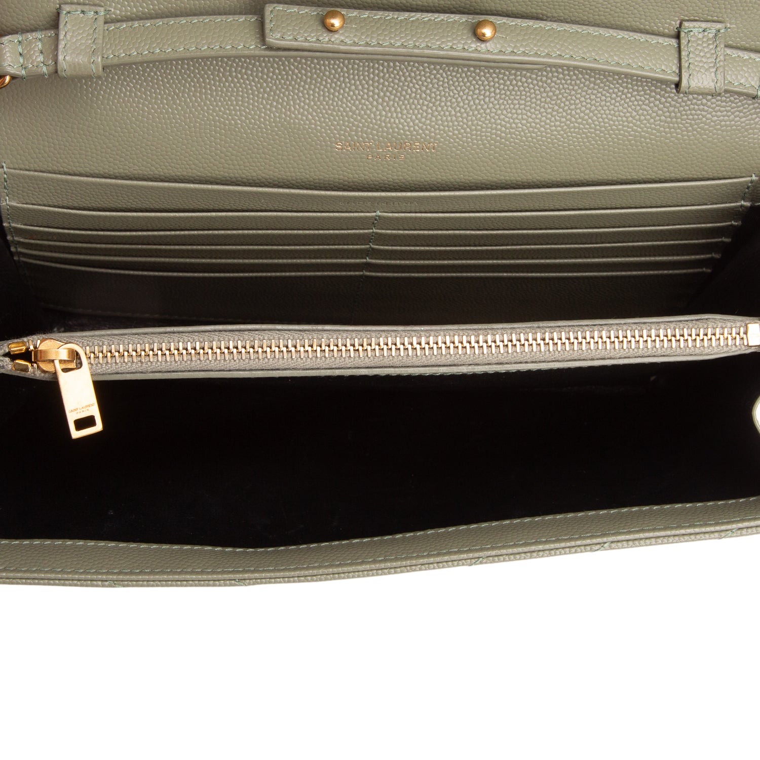 Saint Laurent 2022 Green Grain De Poudre Chevron Cassandre Envelope Chain Wallet