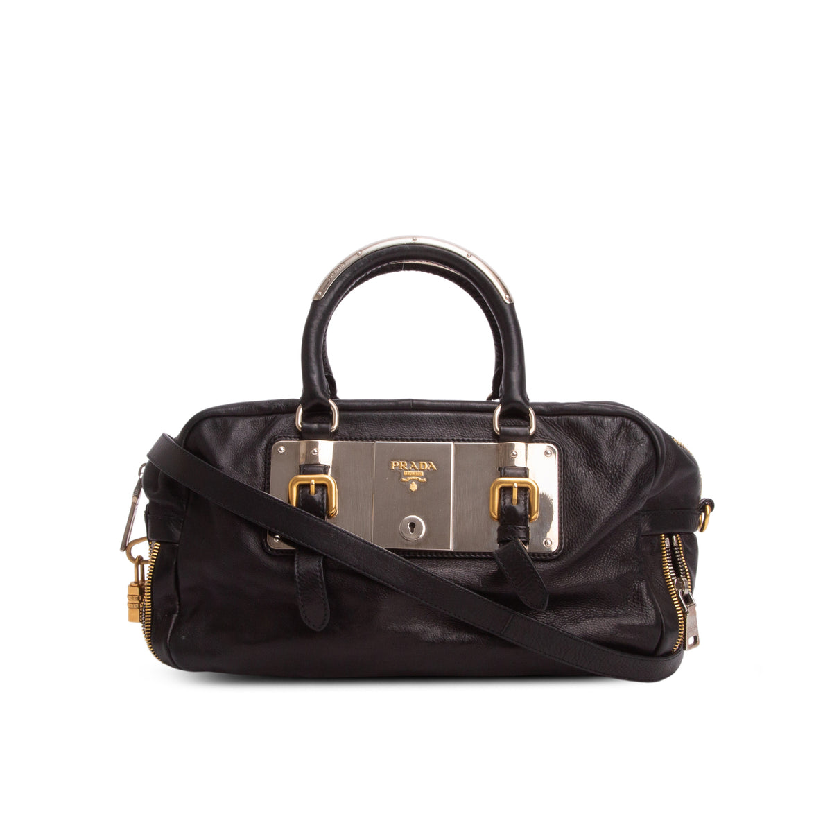 Prada Black Glace Calf Zippers Bauletto w/ Strap
