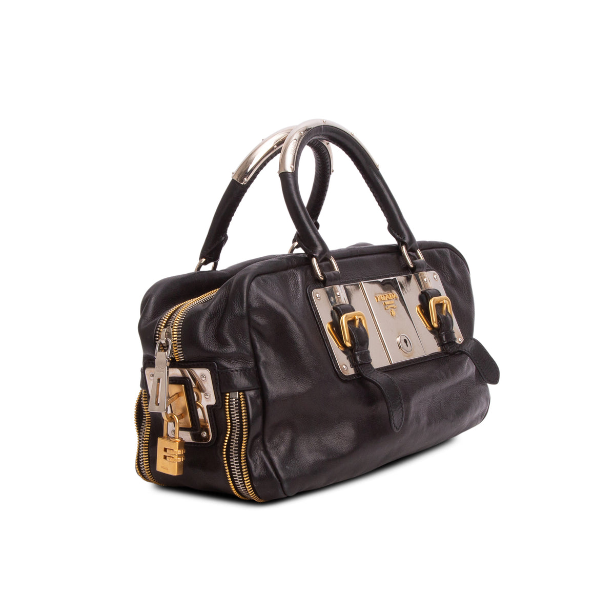 Prada Black Glace Calf Zippers Bauletto w/ Strap