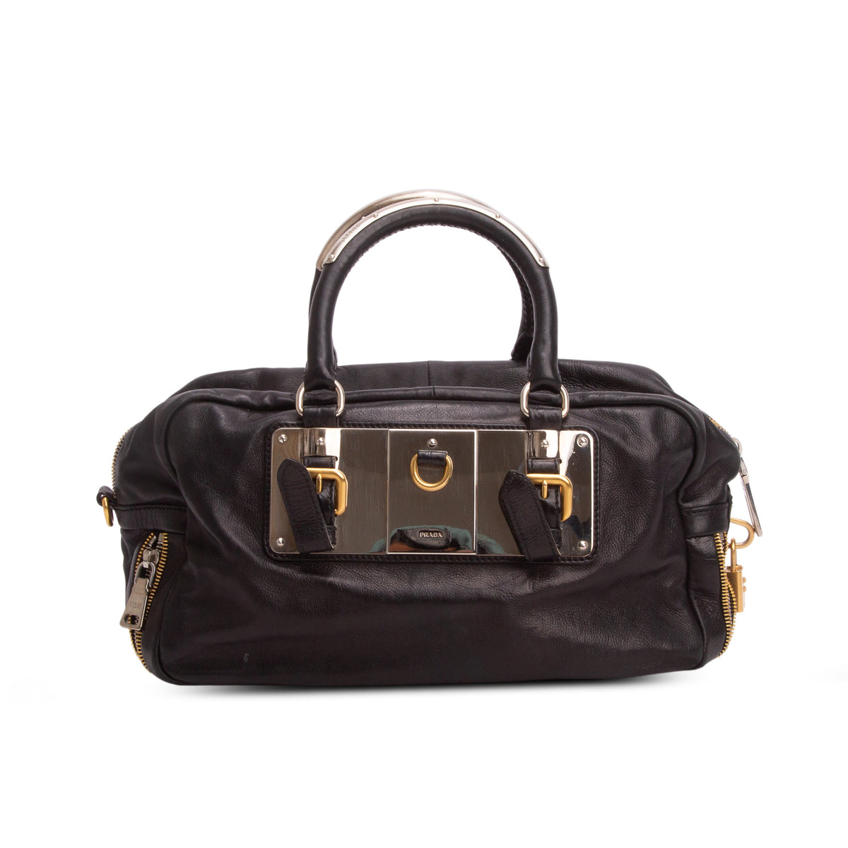 Prada Black Glace Calf Zippers Bauletto w/ Strap