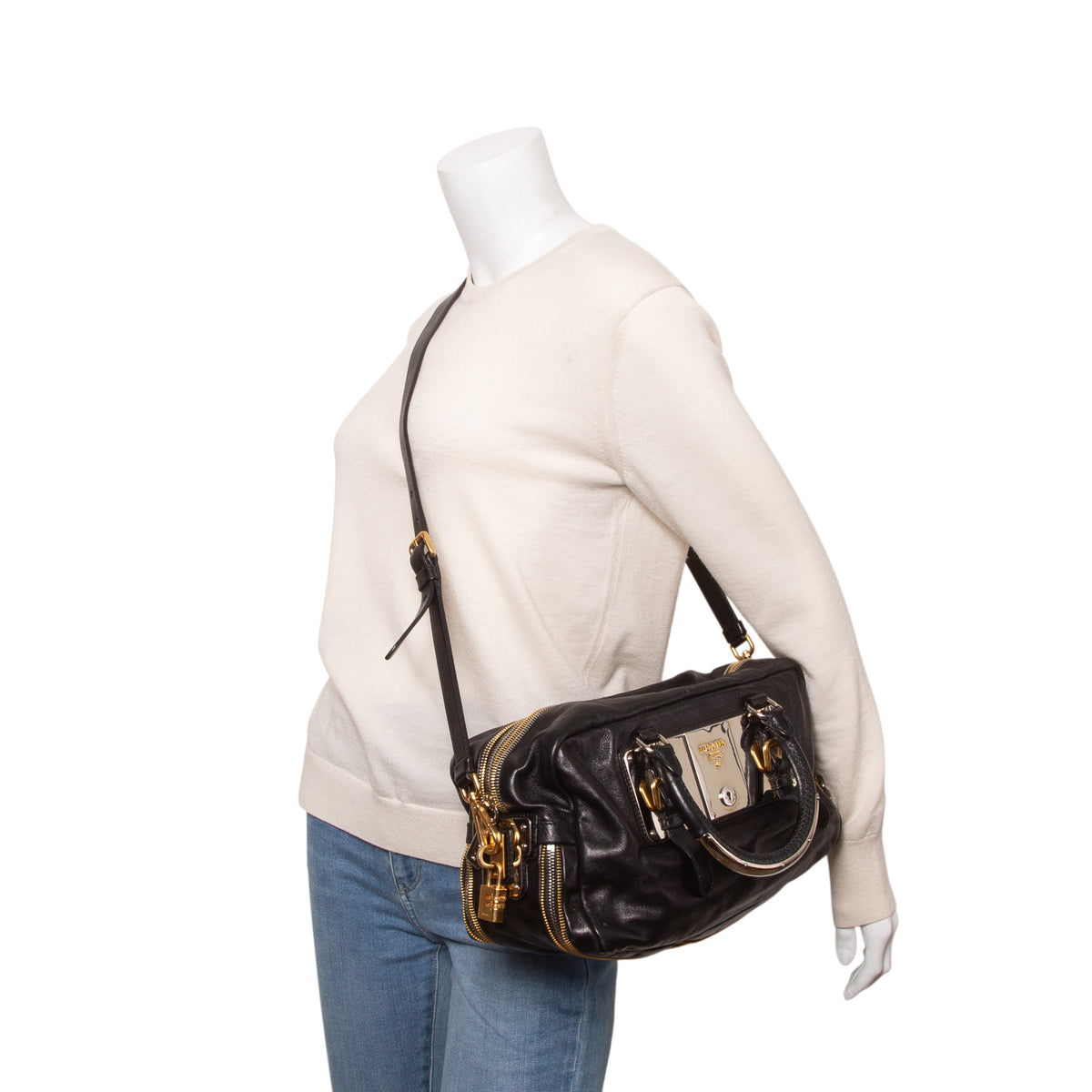 Prada Black Glace Calf Zippers Bauletto w/ Strap