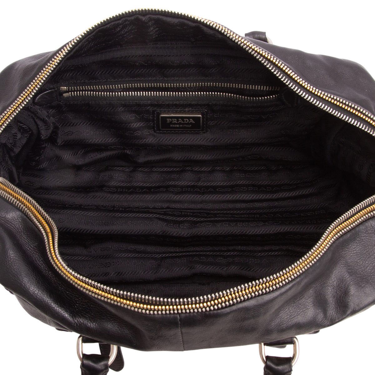 Prada Black Glace Calf Zippers Bauletto w/ Strap