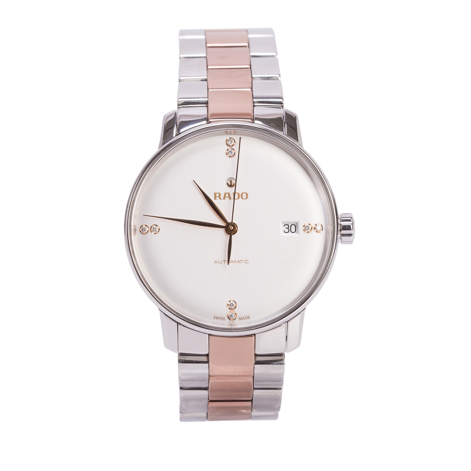 Rado Rose Gold Plated & Stainless Steel Coupole 38 MM Automatic Watch Silver Diamond Dial