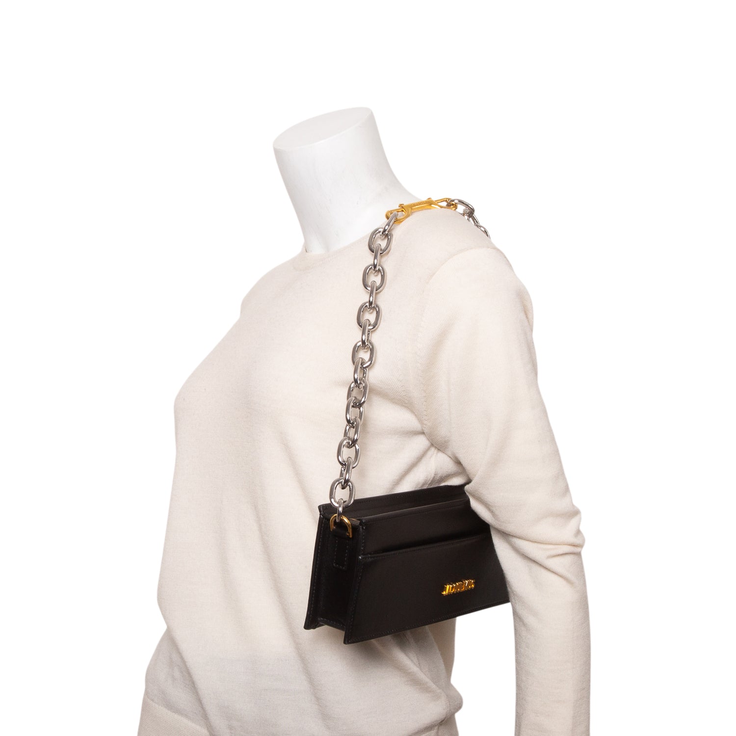 Jacquemus Black Leather Le Sac Ciuciu Chain Shoulder Bag w/ Straps