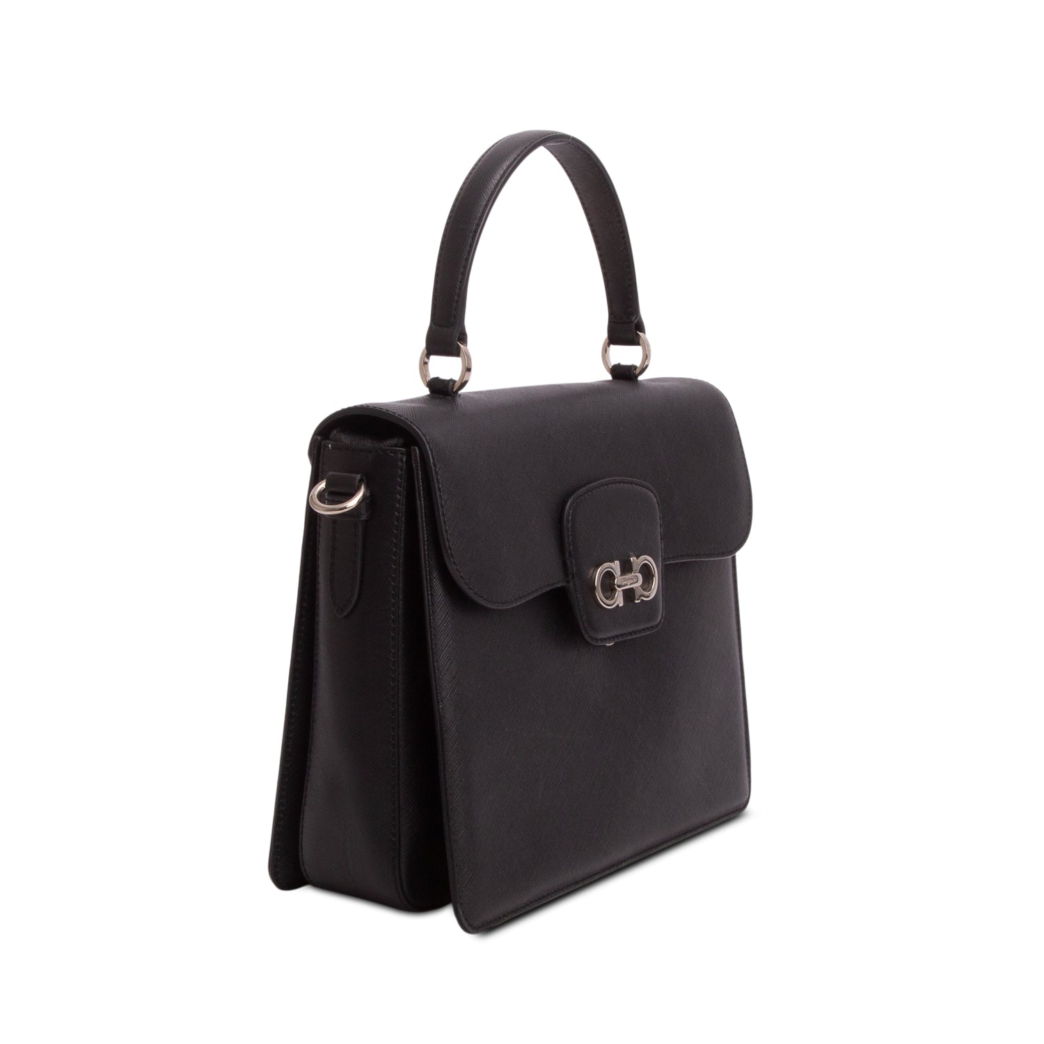 Ferragamo Black Saffiano Leather Gancini Top Handle w/ Strap