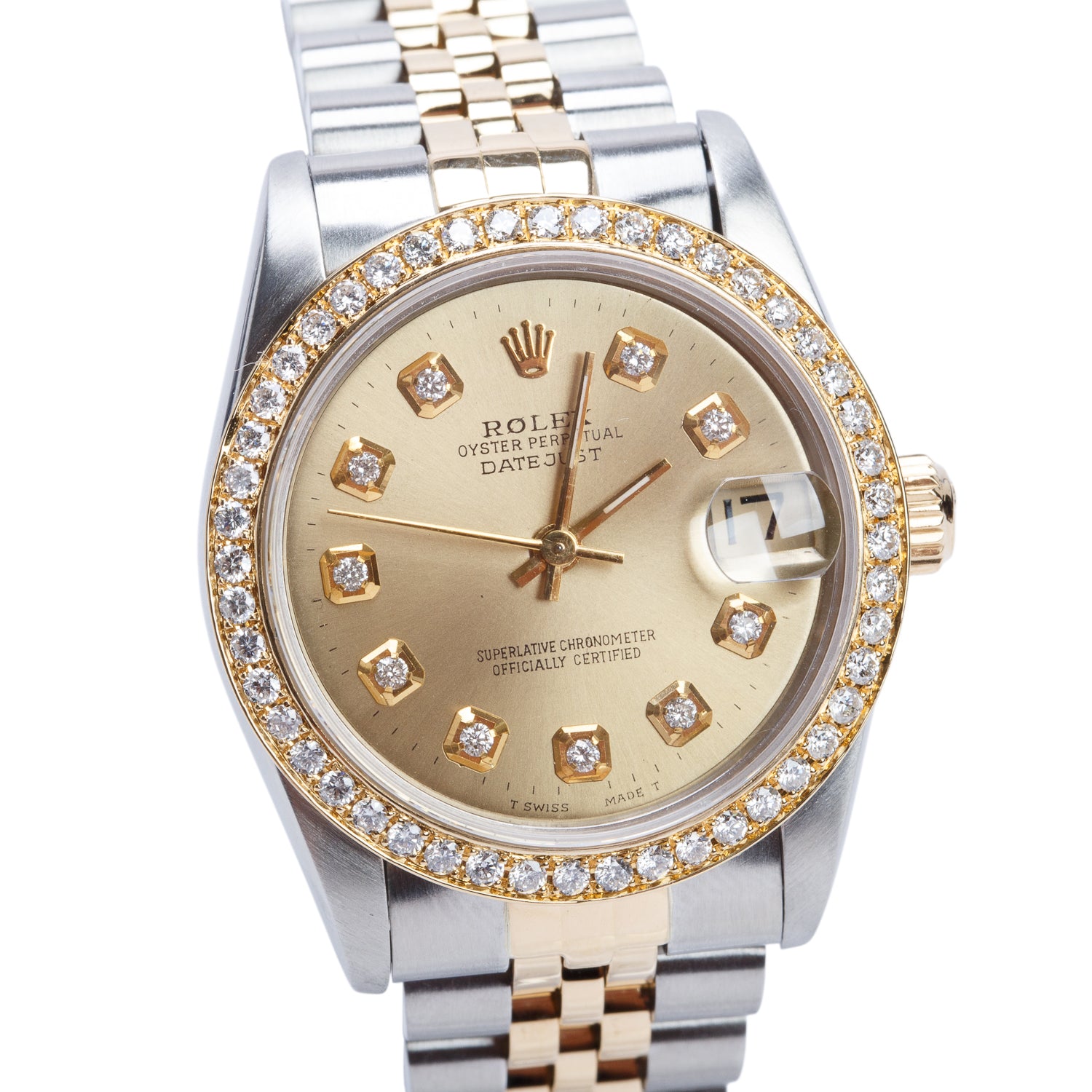 Rolex Stainless Steel & 18k Yellow Gold Diamond Bezel Datejust 31 MM Watch Champagne Diamond Dial 68273