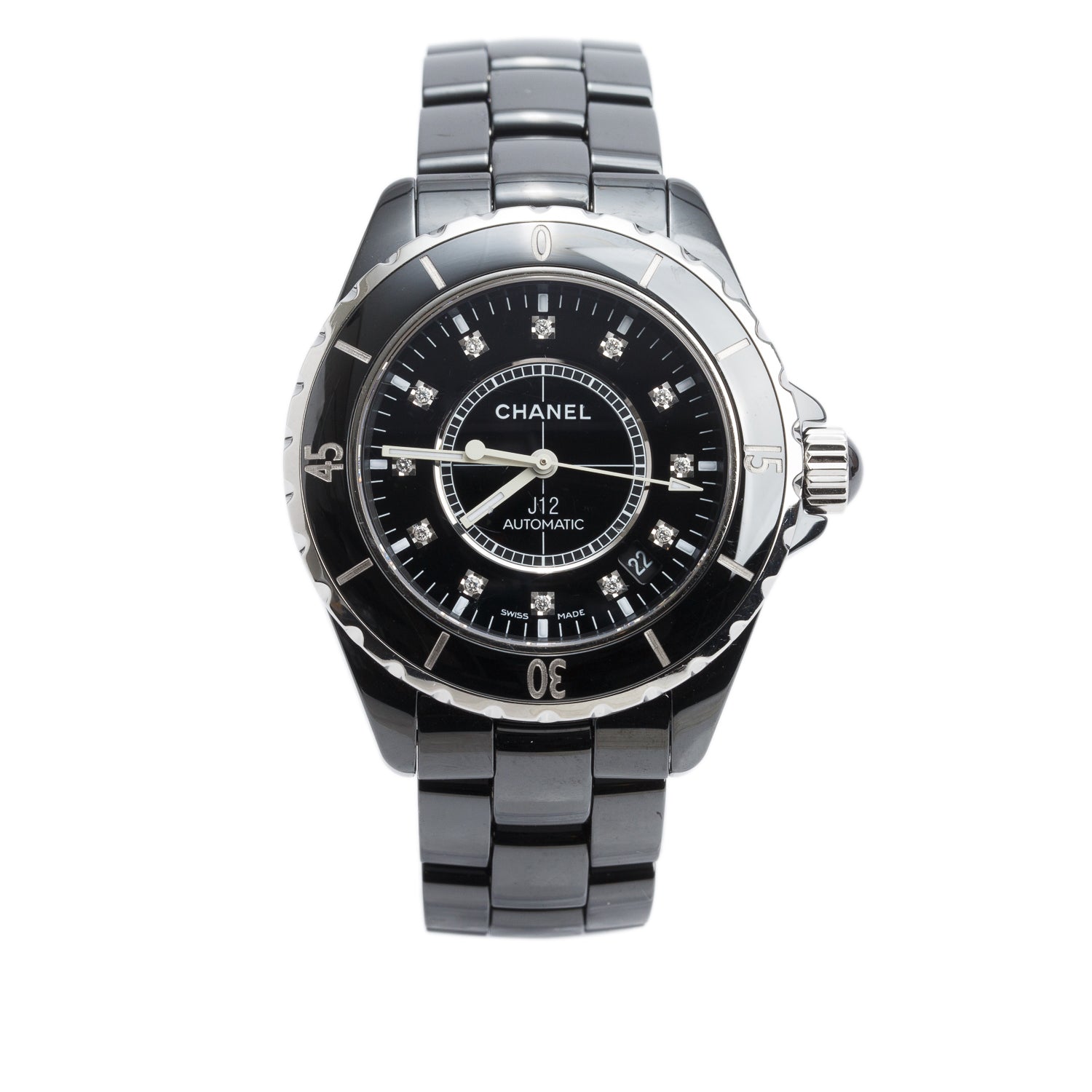 Chanel Black Ceramic J12 39 MM Automatic Watch Diamond Dial w/ Box