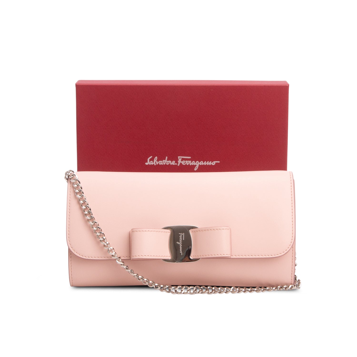 Ferragamo Pink Shiny Calfskin Vara Bow Wallet on Chain w/ Box