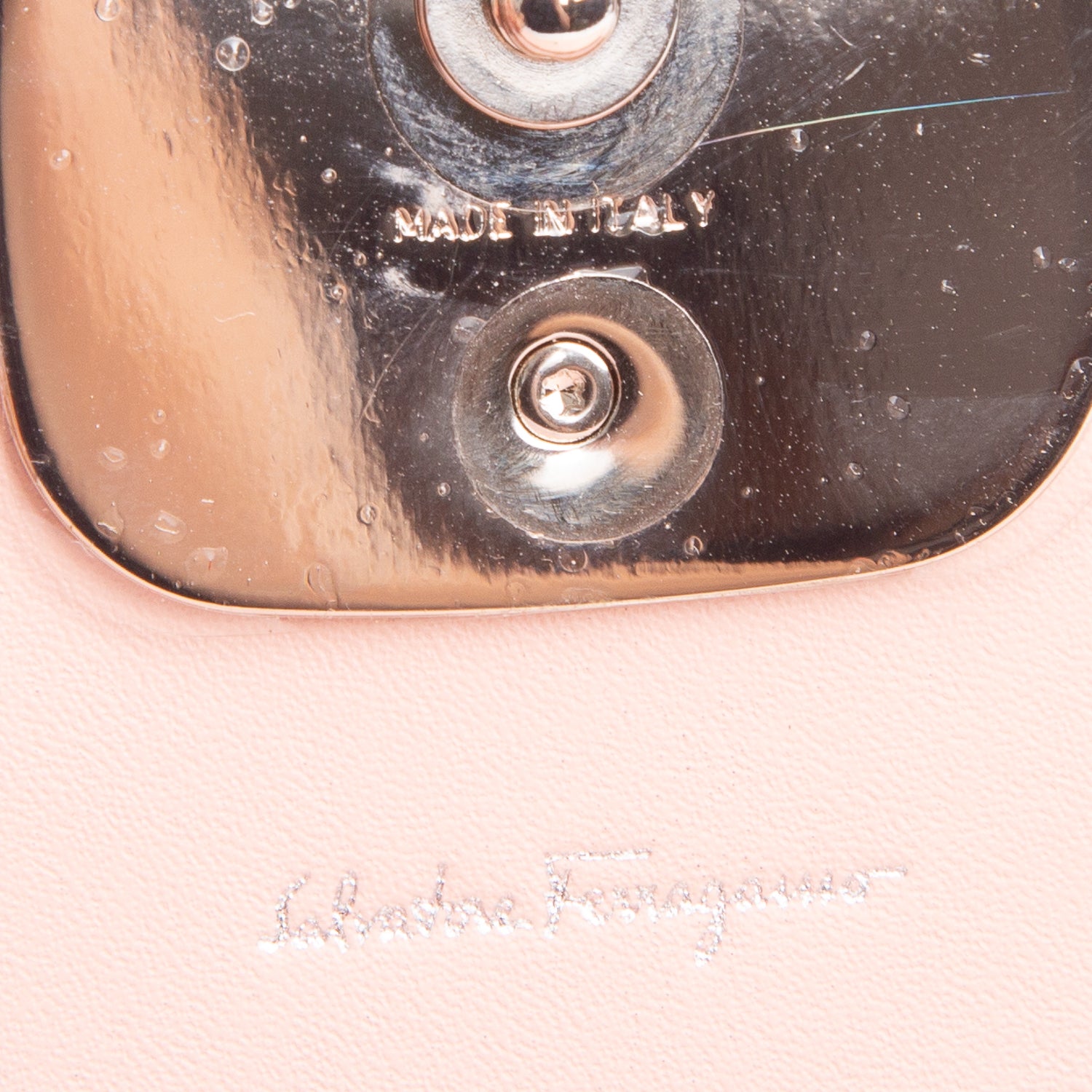 Ferragamo Pink Shiny Calfskin Vara Bow Wallet on Chain w/ Box