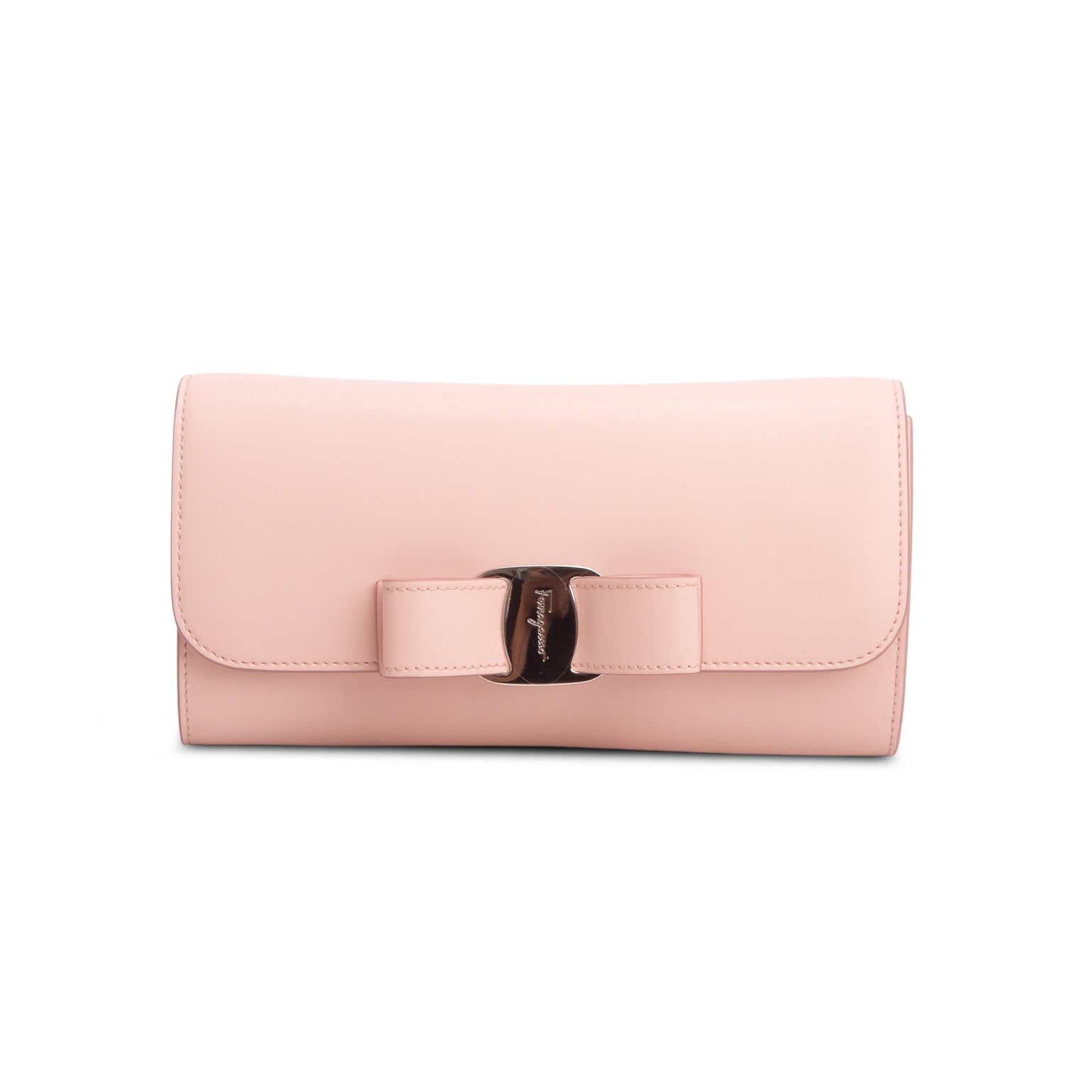 Ferragamo Pink Shiny Calfskin Vara Bow Wallet on Chain w/ Box