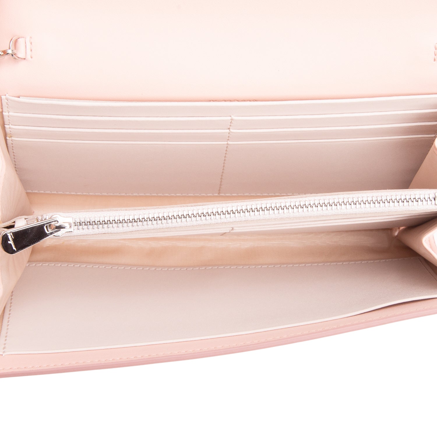 Ferragamo Pink Shiny Calfskin Vara Bow Wallet on Chain w/ Box