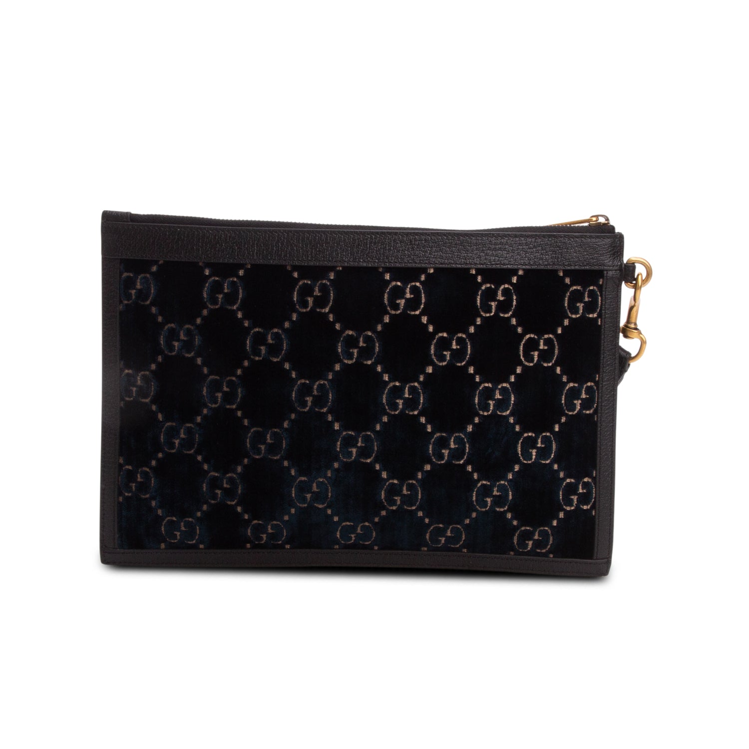 Gucci Black Velvet GG Monogram Textured Calfskin Web Ophidia Wristlet