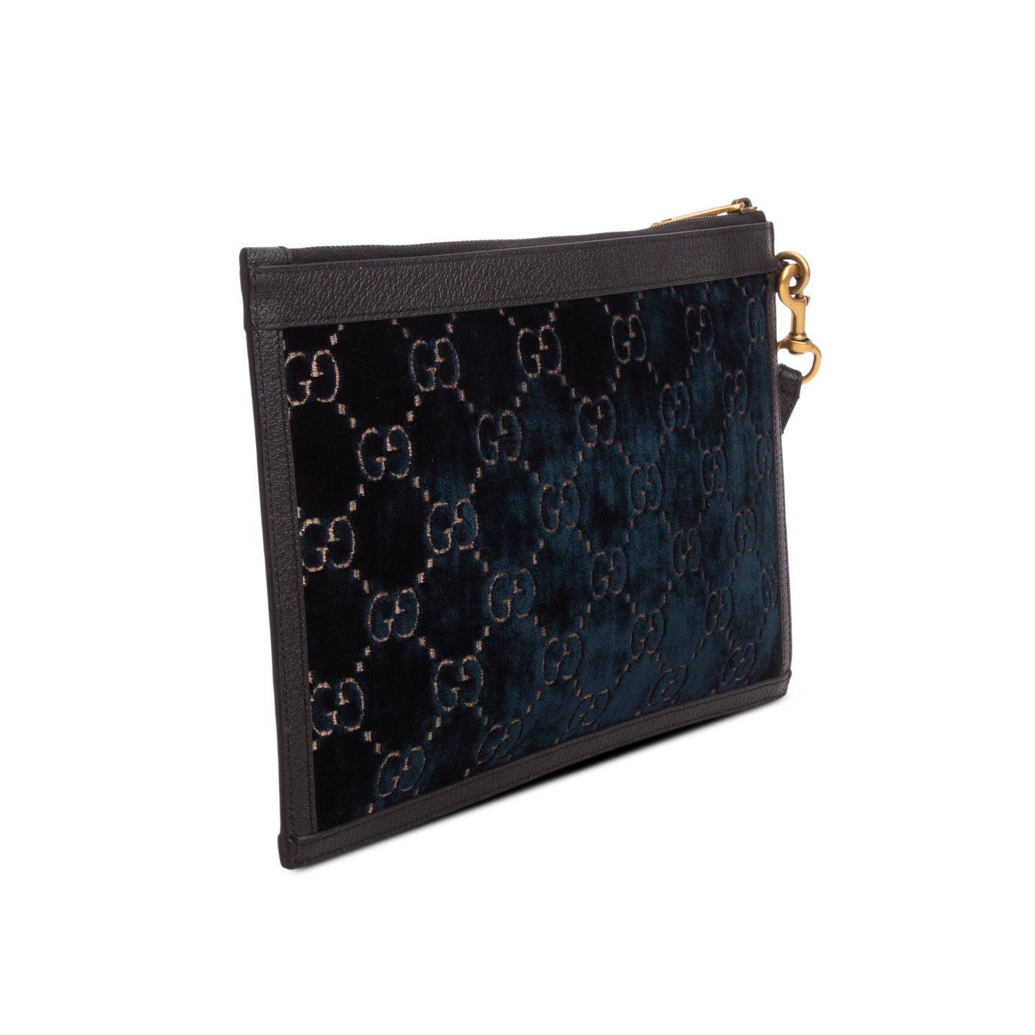 Gucci Black Velvet GG Monogram Textured Calfskin Web Ophidia Wristlet