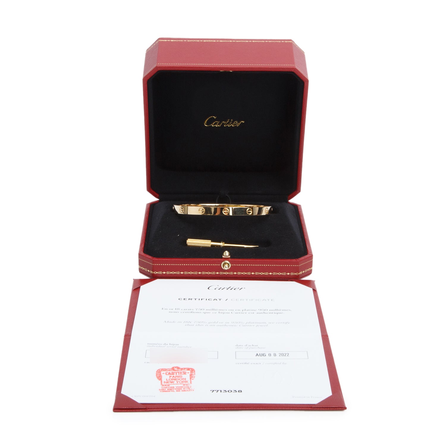 Cartier 2022 18k Yellow Gold Love Bracelet, Classic Model, Size 20 w/ Box, Receipt & Certificate
