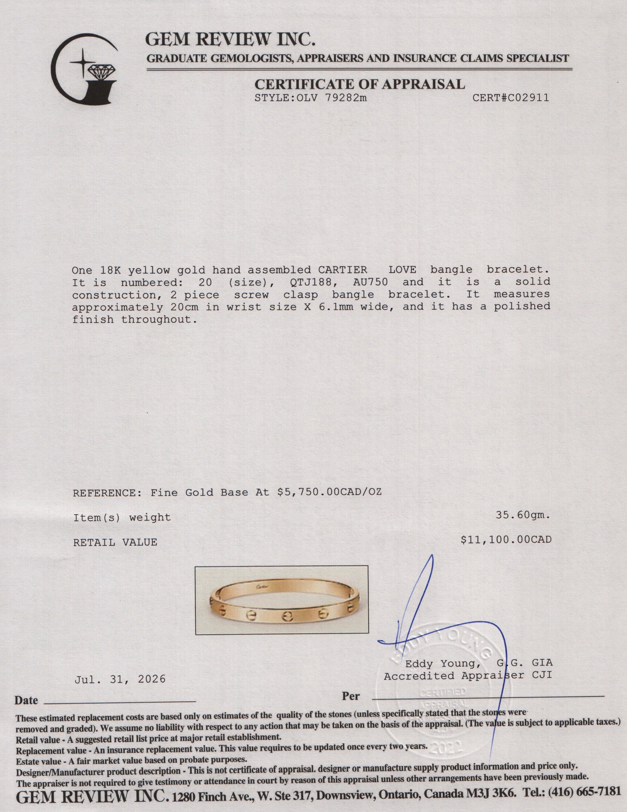 Cartier 2022 18k Yellow Gold Love Bracelet, Classic Model, Size 20 w/ Box, Receipt & Certificate